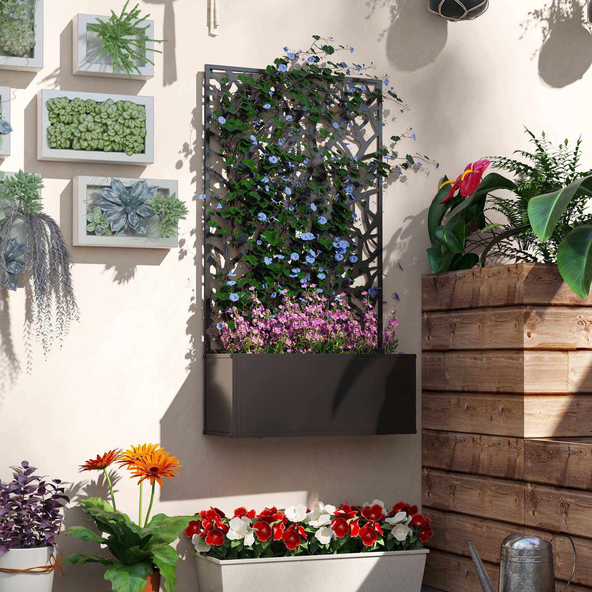 Jardinière avec treillis métal balcon grimpantes paravent extérieur 61x113cm noir - ComfortXL Outdoor Living - Image 9