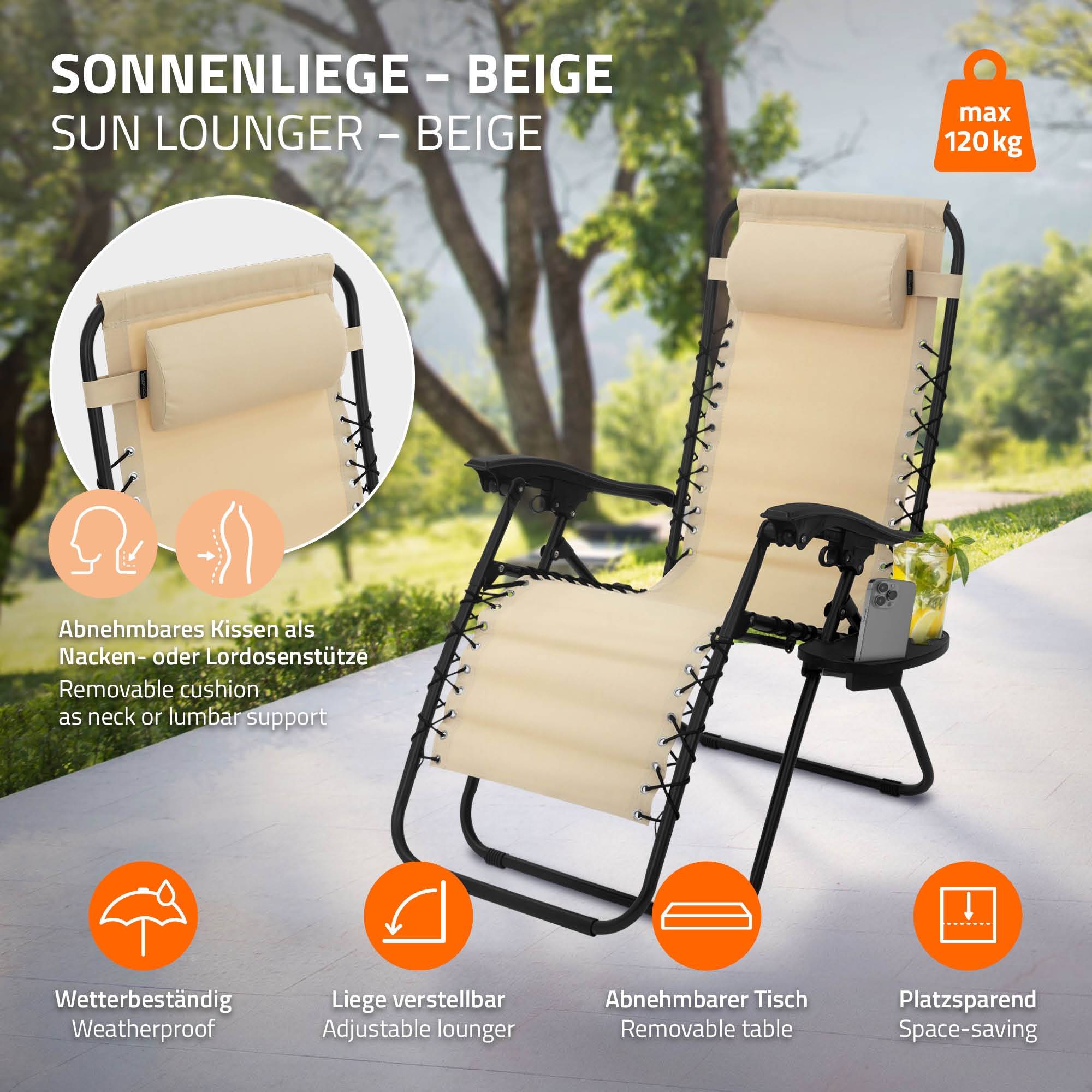 Ecd-Germany - Lot de 2 Chaise Longue avec Appui-Tête et Porte-Gobelet, Pliable, Beige, en Acier/Tissu Polyester Oxford, Bain de Soleil de Jardin - Image 3