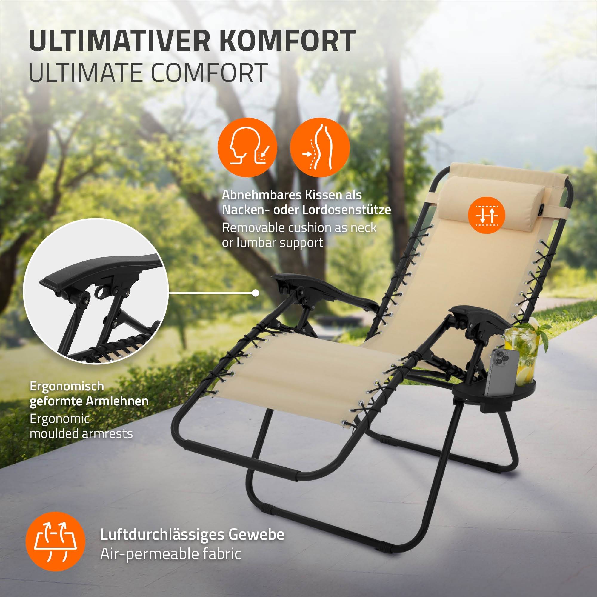 Ecd-Germany - Lot de 2 Chaise Longue avec Appui-Tête et Porte-Gobelet, Pliable, Beige, en Acier/Tissu Polyester Oxford, Bain de Soleil de Jardin - Image 6