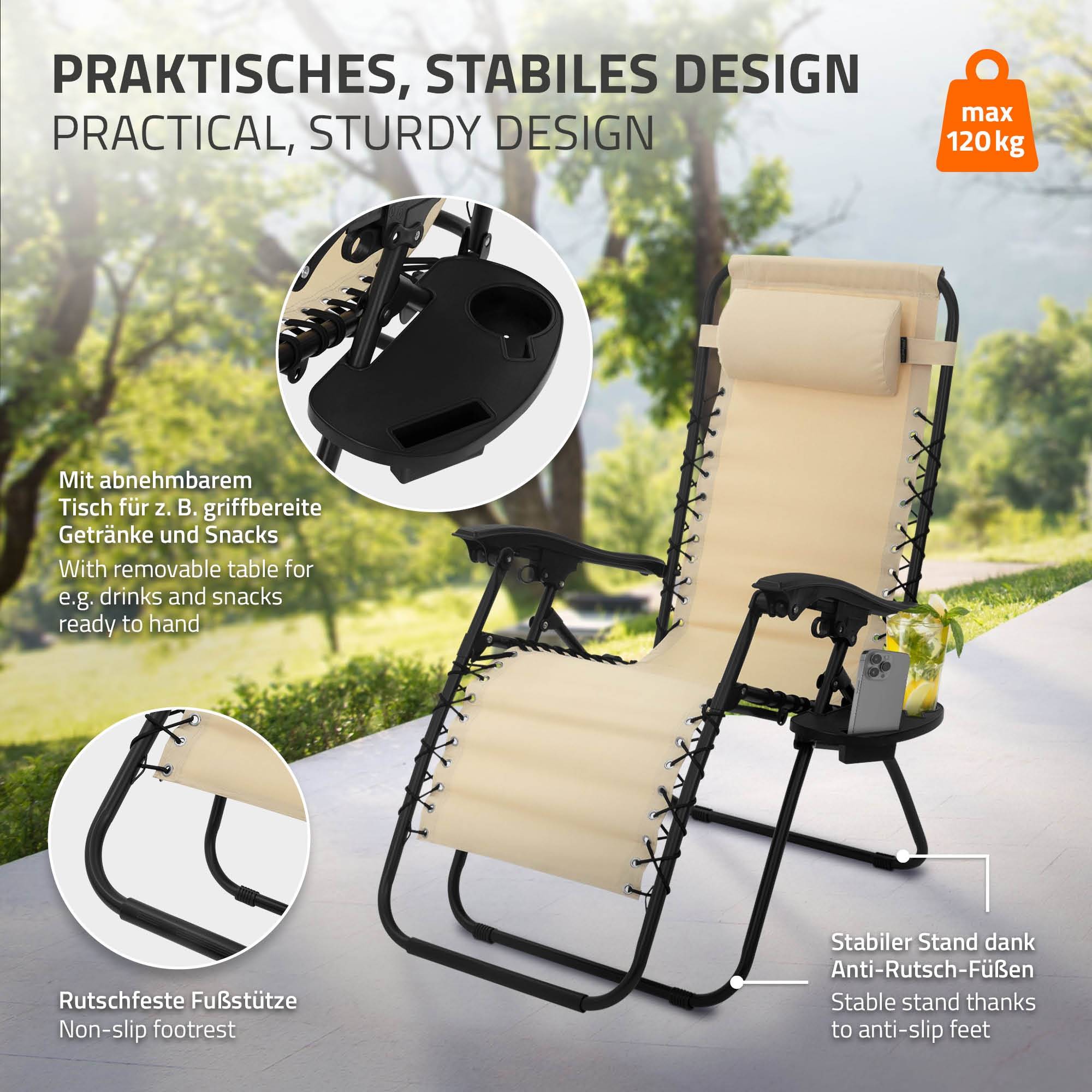 Ecd-Germany - Lot de 2 Chaise Longue avec Appui-Tête et Porte-Gobelet, Pliable, Beige, en Acier/Tissu Polyester Oxford, Bain de Soleil de Jardin - Image 4