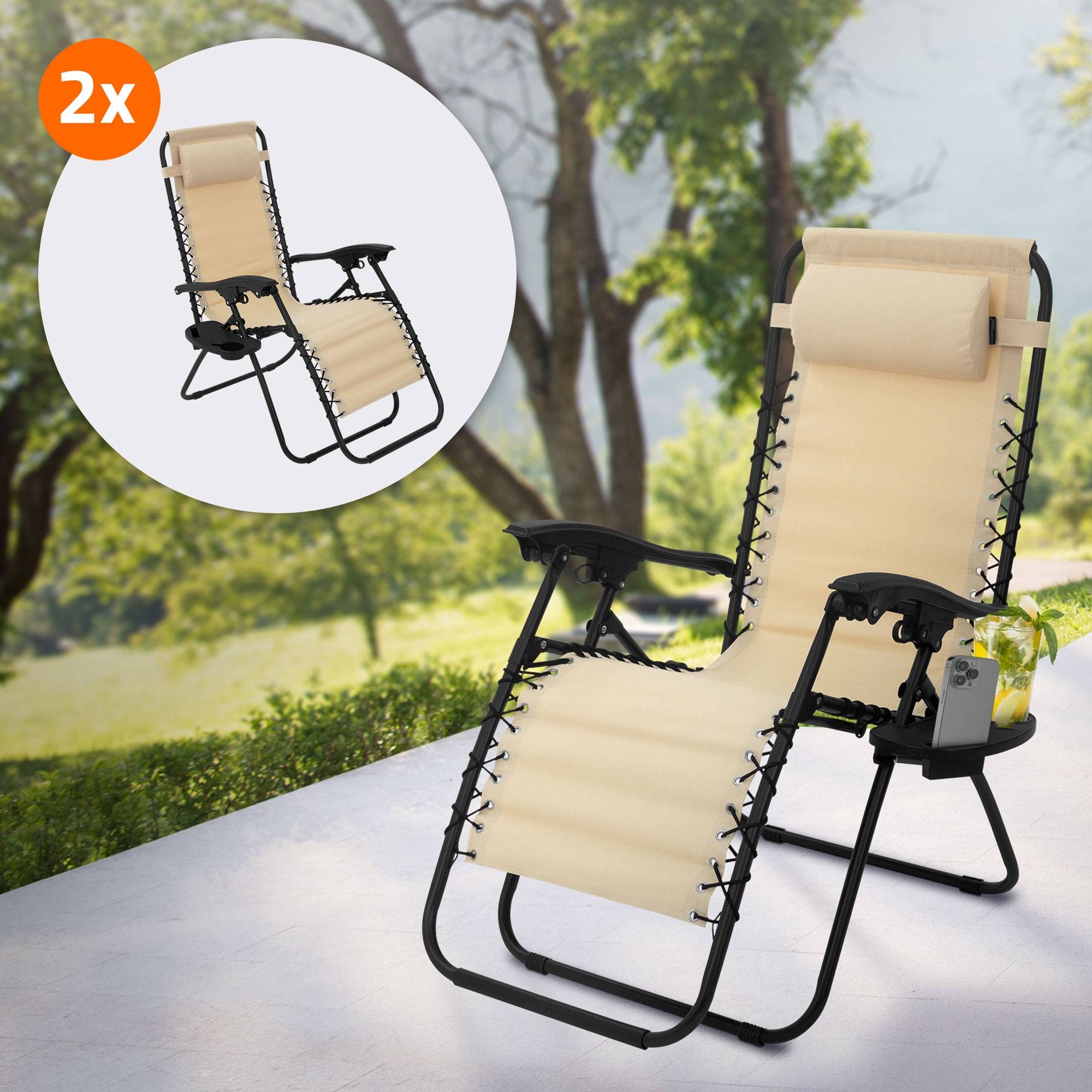 Ecd-Germany - Lot de 2 Chaise Longue avec Appui-Tête et Porte-Gobelet, Pliable, Beige, en Acier/Tissu Polyester Oxford, Bain de Soleil de Jardin - Image 2