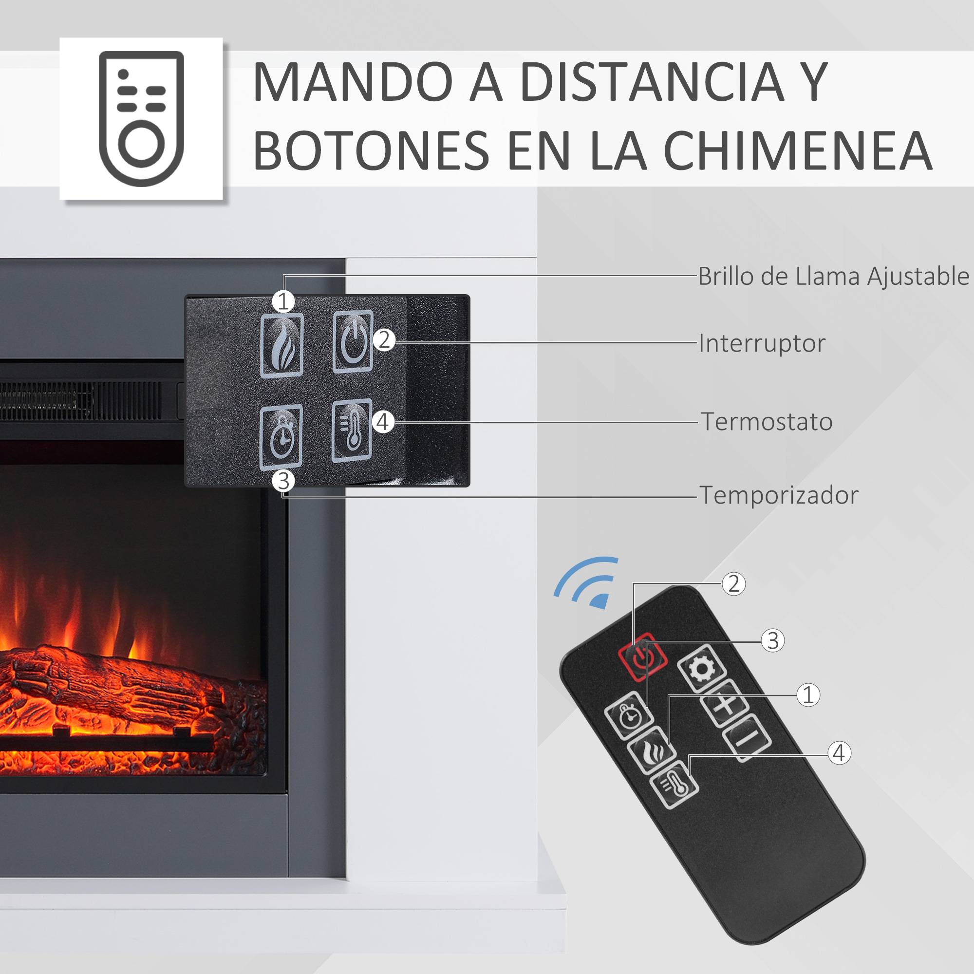 Cheminée électrique 1800W-2000W télécommande flamme réglable thermostat minuterie hebdomadaire 37 m² blanc - Image 6