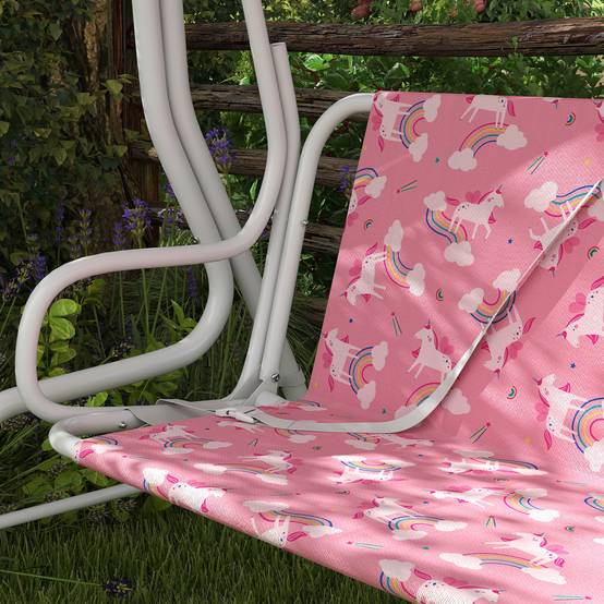Balançoire de jardin pour enfants, 2 places, auvent réglable, ceintures de sécurité, motif licorne arc-en-ciel rose - Image 10