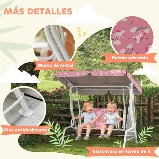 Balançoire de jardin pour enfants, 2 places, auvent réglable, ceintures de sécurité, motif licorne arc-en-ciel rose - Image 8