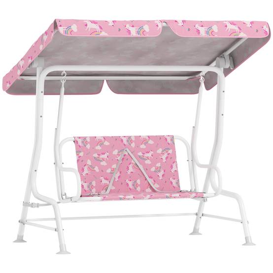 Balançoire de jardin pour enfants, 2 places, auvent réglable, ceintures de sécurité, motif licorne arc-en-ciel rose - Image 1