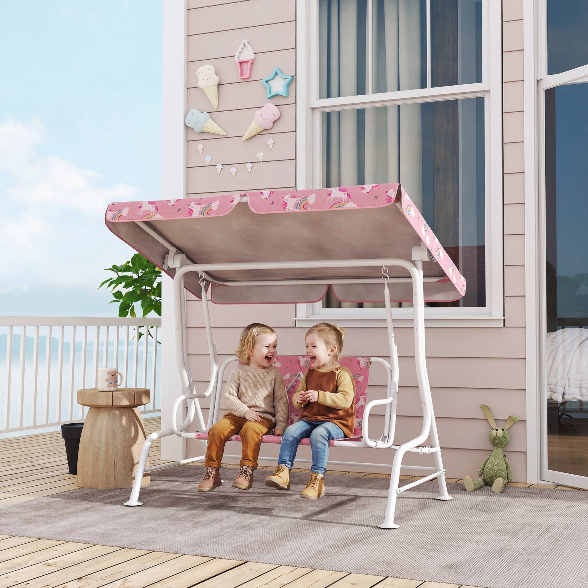 Balançoire de jardin pour enfants, 2 places, auvent réglable, ceintures de sécurité, motif licorne arc-en-ciel rose - Image 3