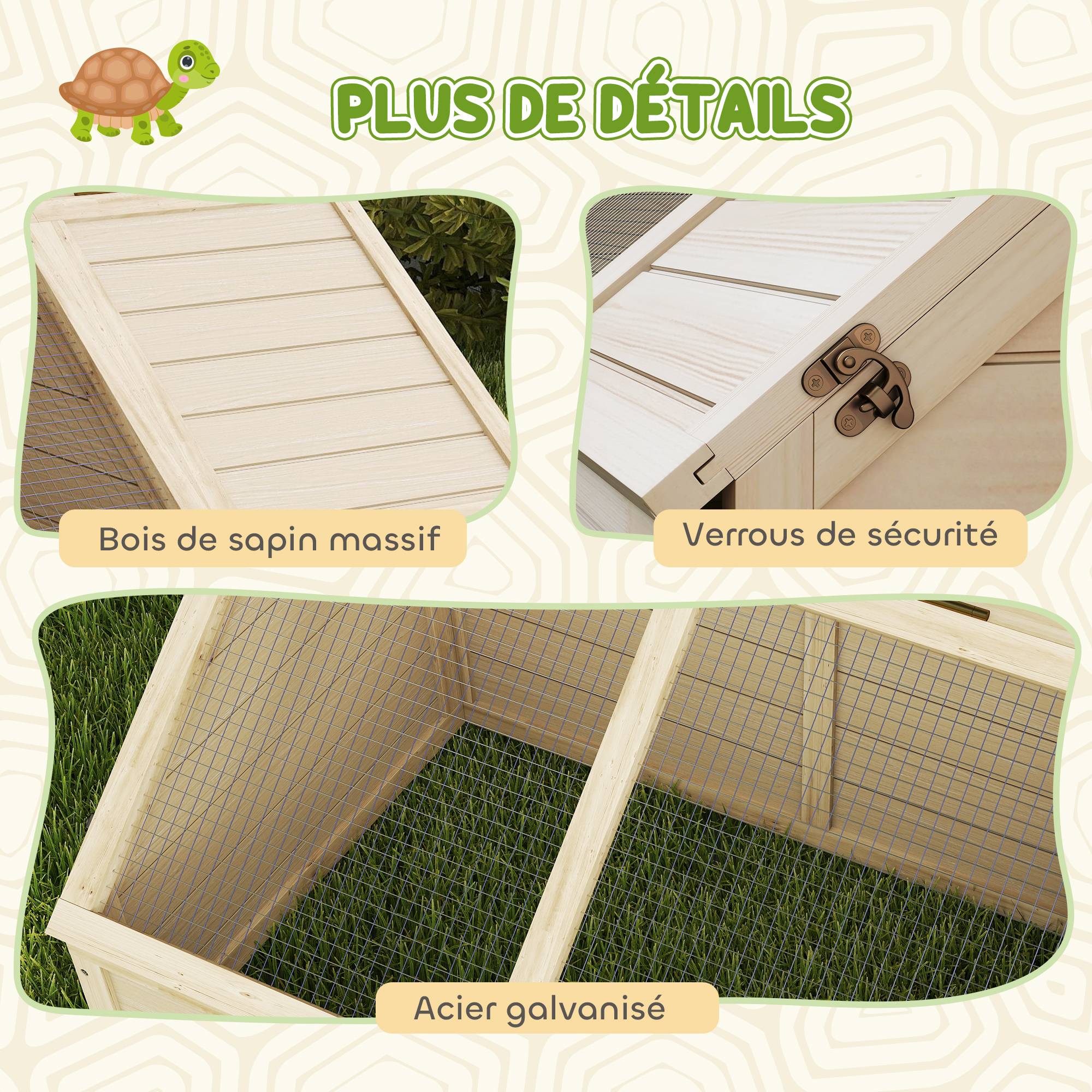 Sans Marque - Maison enclos cage pour petit animal tortue en bois avec couvercle ouvrable, loquets, 2 espaces distincts, bois naturel - Image 10