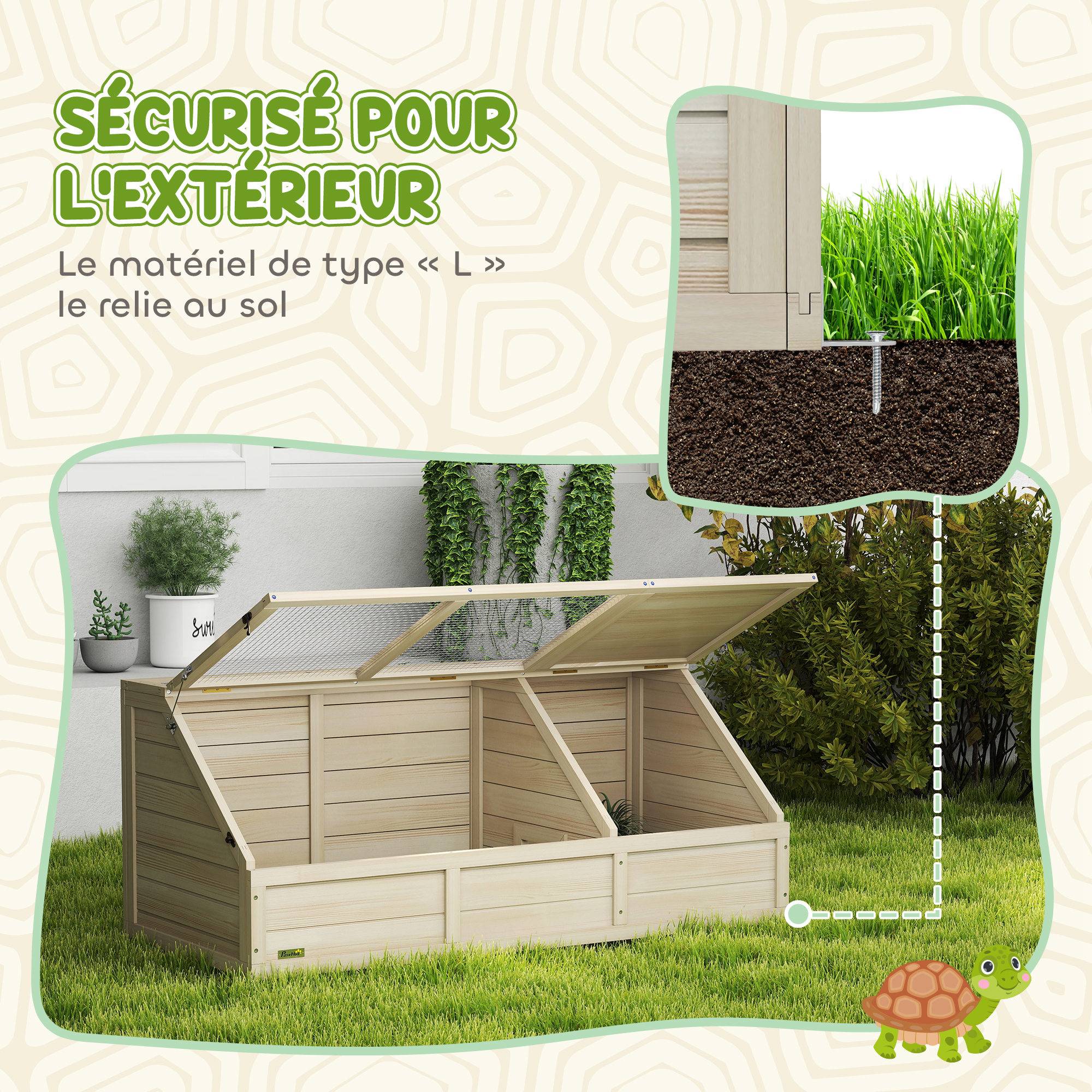 Sans Marque - Maison enclos cage pour petit animal tortue en bois avec couvercle ouvrable, loquets, 2 espaces distincts, bois naturel - Image 6