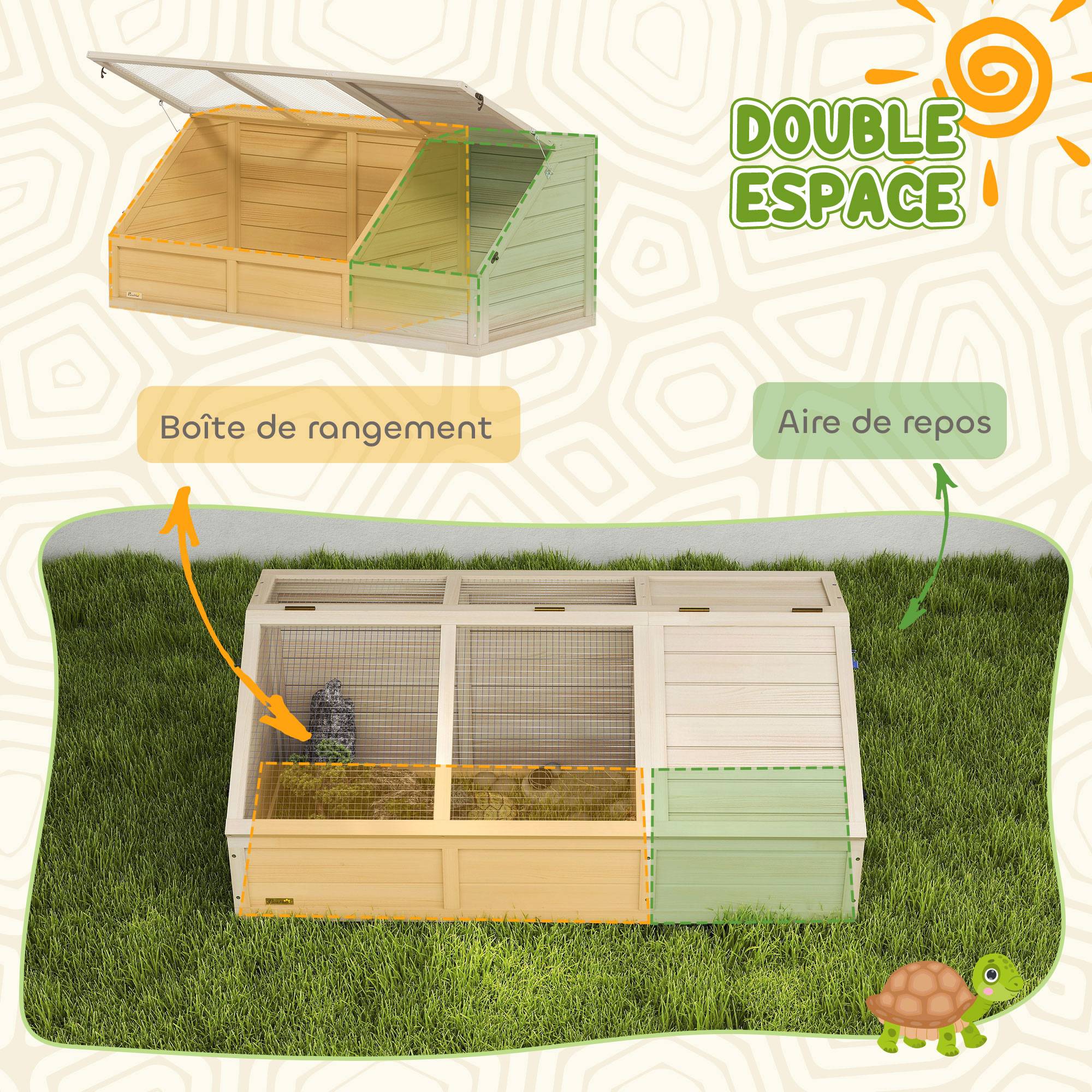 Sans Marque - Maison enclos cage pour petit animal tortue en bois avec couvercle ouvrable, loquets, 2 espaces distincts, bois naturel - Image 8