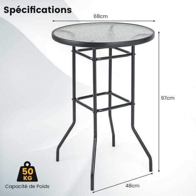 Helloshop26 - Table de bar de jardin en verre trempé 97 cm patins antidérapants cadre en métal enduit de poudre intérieur extérieur noir - Image 2
