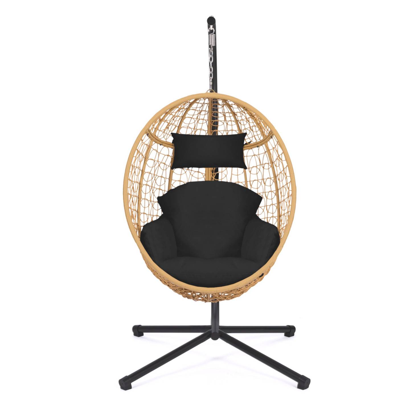 Fauteuil oeuf suspendu ajouré effet rotin avec coussin noir - Image 5