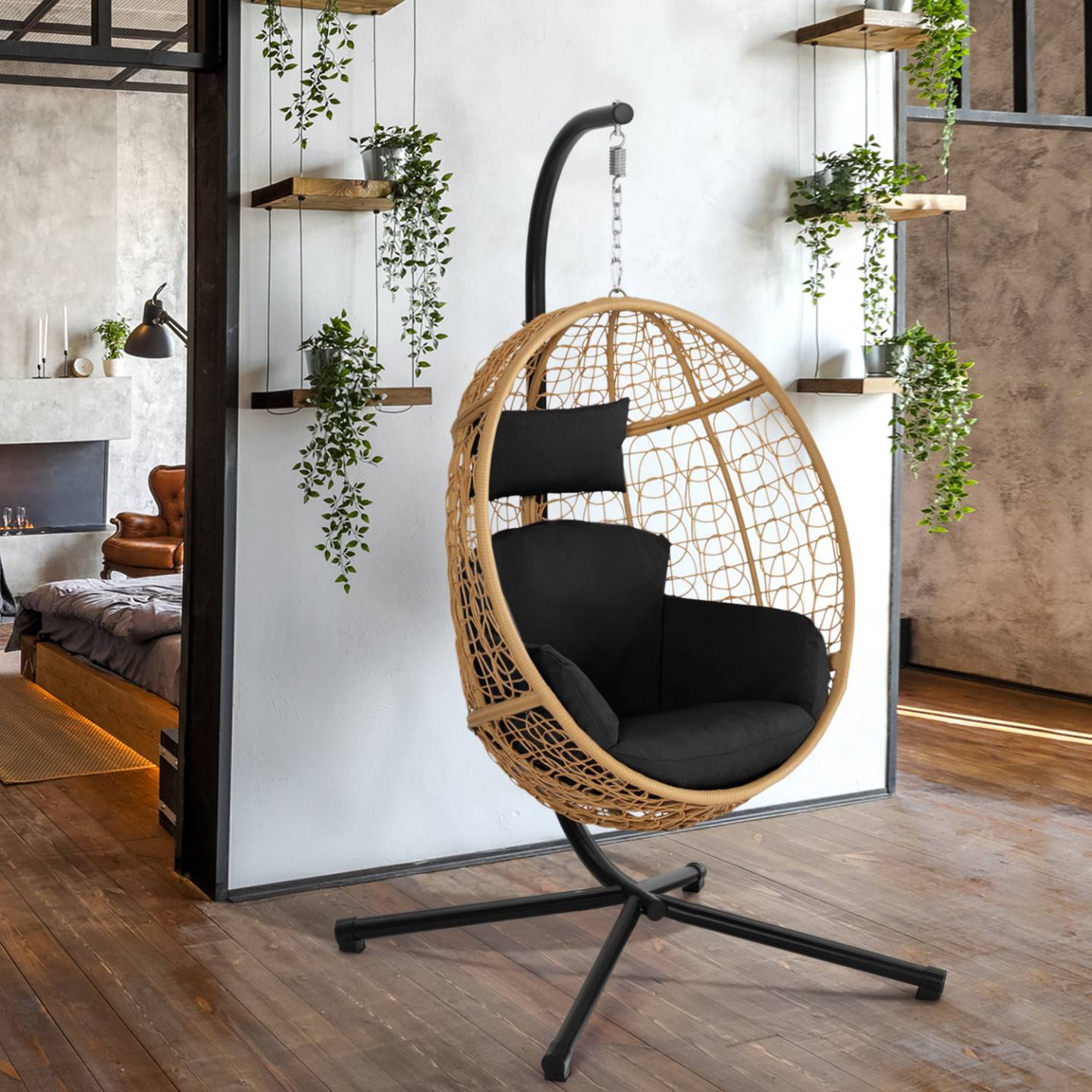 Fauteuil oeuf suspendu ajouré effet rotin avec coussin noir - Image 3
