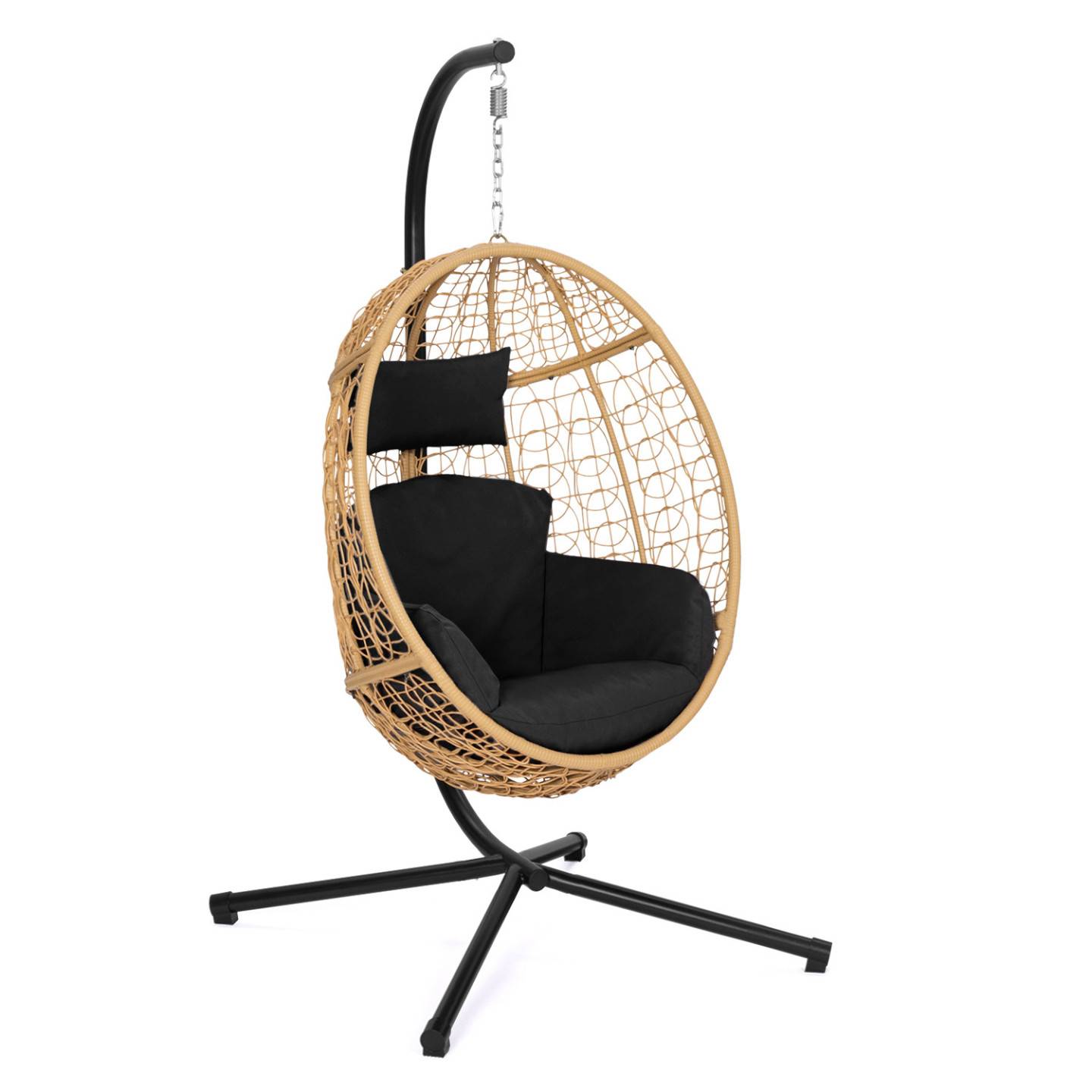 Fauteuil oeuf suspendu ajouré effet rotin avec coussin noir - Image 2