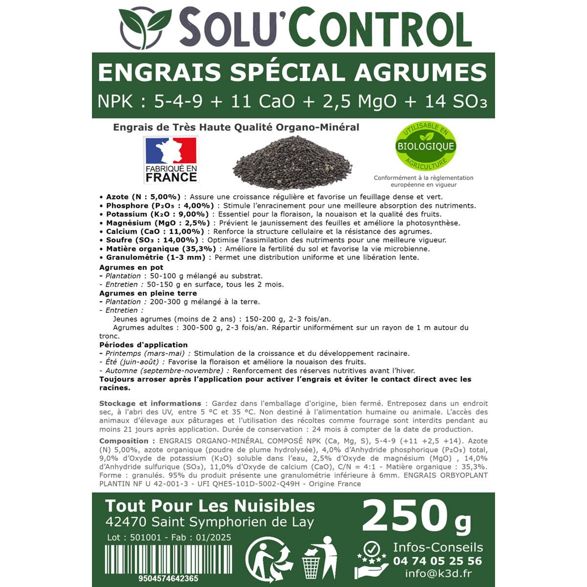 SOLU’CONTROL - Engrais Spécial Agrumes 250 g - Formulation haute qualité Organo-Minerale - Citronnier, Oranger, Mandarinier, Clémentinier... - Image 3