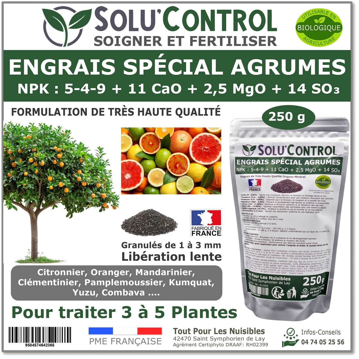 SOLU’CONTROL - Engrais Spécial Agrumes 250 g - Formulation haute qualité Organo-Minerale - Citronnier, Oranger, Mandarinier, Clémentinier... - Image 1