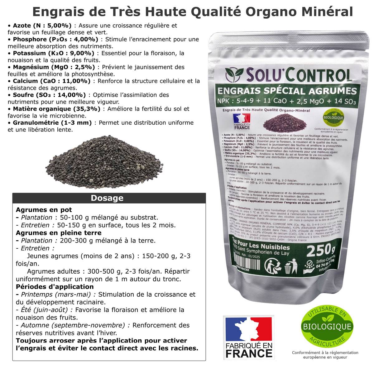 SOLU’CONTROL - Engrais Spécial Agrumes 250 g - Formulation haute qualité Organo-Minerale - Citronnier, Oranger, Mandarinier, Clémentinier... - Image 2