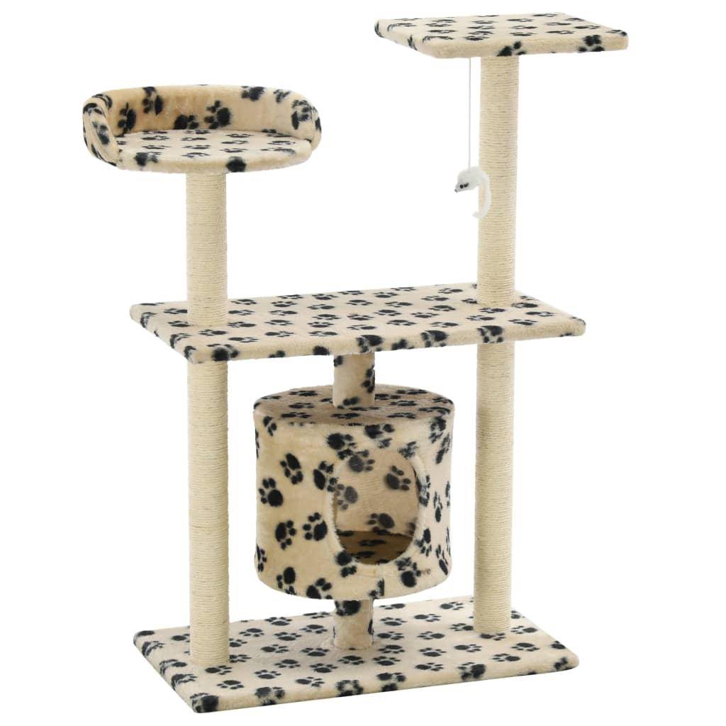 Helloshop26 - Arbre à chat griffoir grattoir niche jouet animaux peluché en sisal 95 cm beige motif de pattes - Image 1
