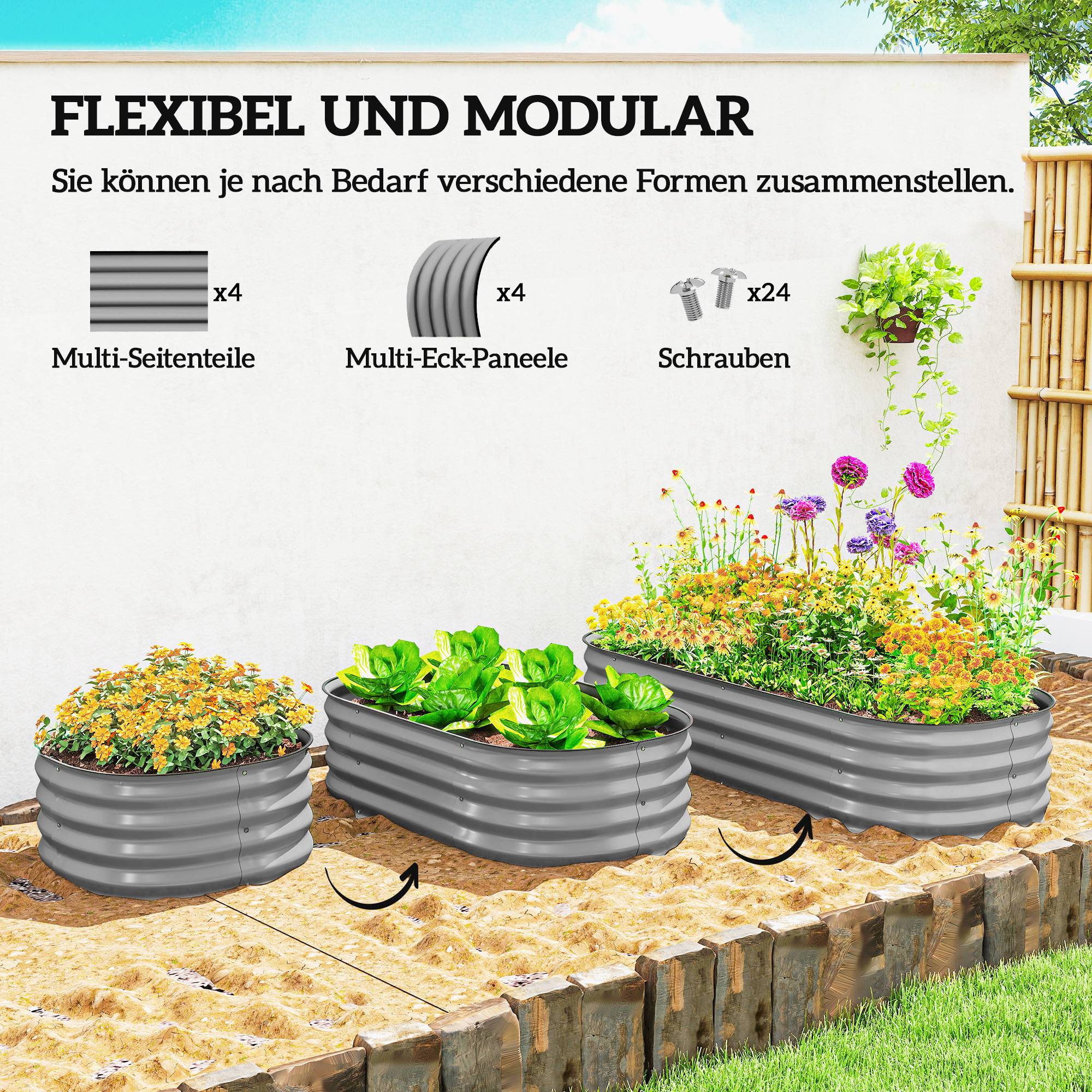 Potager surélevé modulaire, bords protégés, sans fond, 150x62x30 cm, argent - Image 6