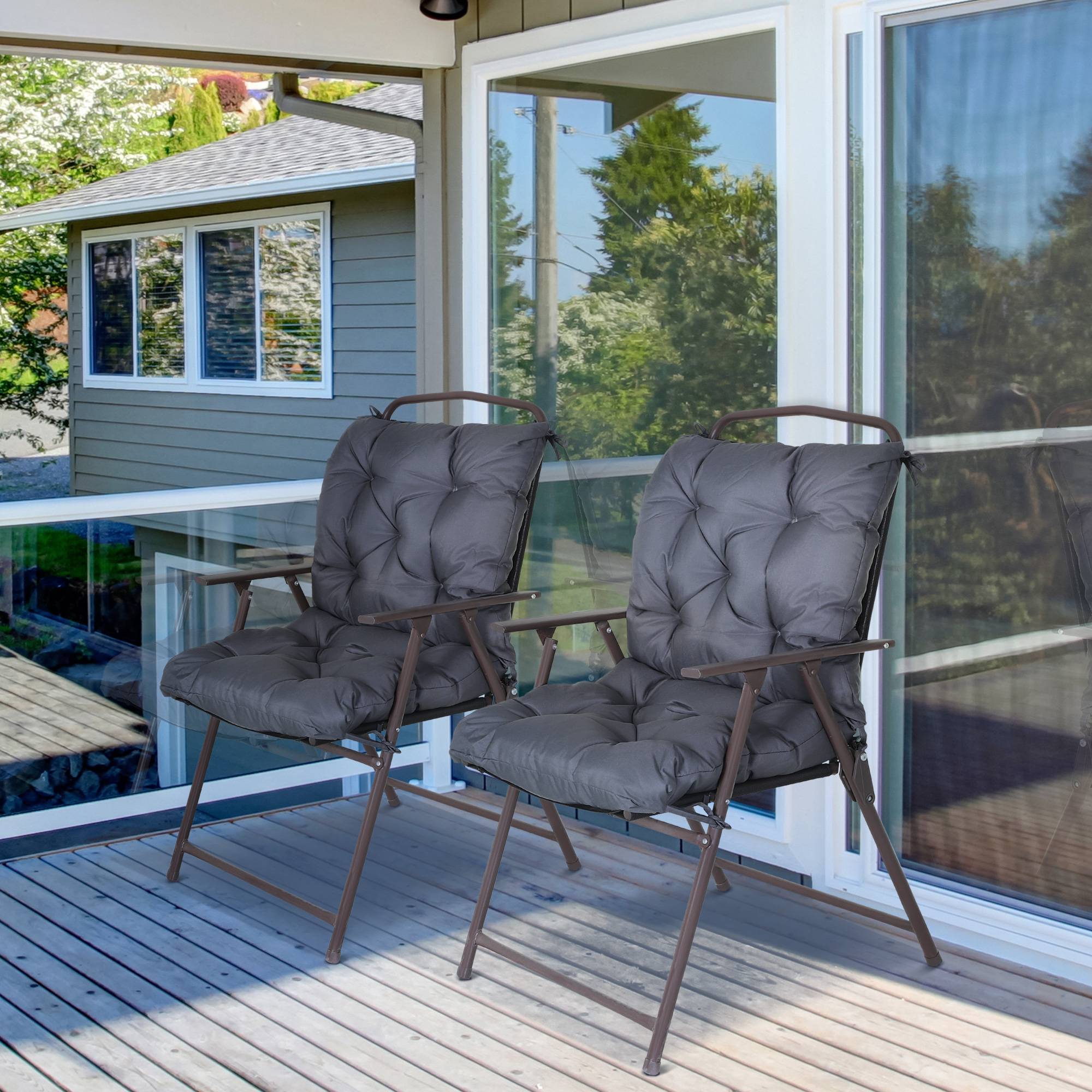 Lot de 2 coussins de chaise d'extérieur, galette de chaise avec attaches, coussins de jardin pour terrasse ou balcon, 98 x 50 x 8 cm, gris - Image 6