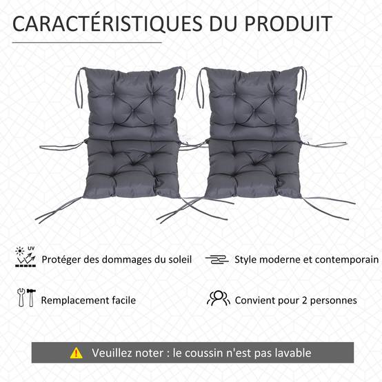 Lot de 2 coussins de chaise d'extérieur, galette de chaise avec attaches, coussins de jardin pour terrasse ou balcon, 98 x 50 x 8 cm, gris - Image 8
