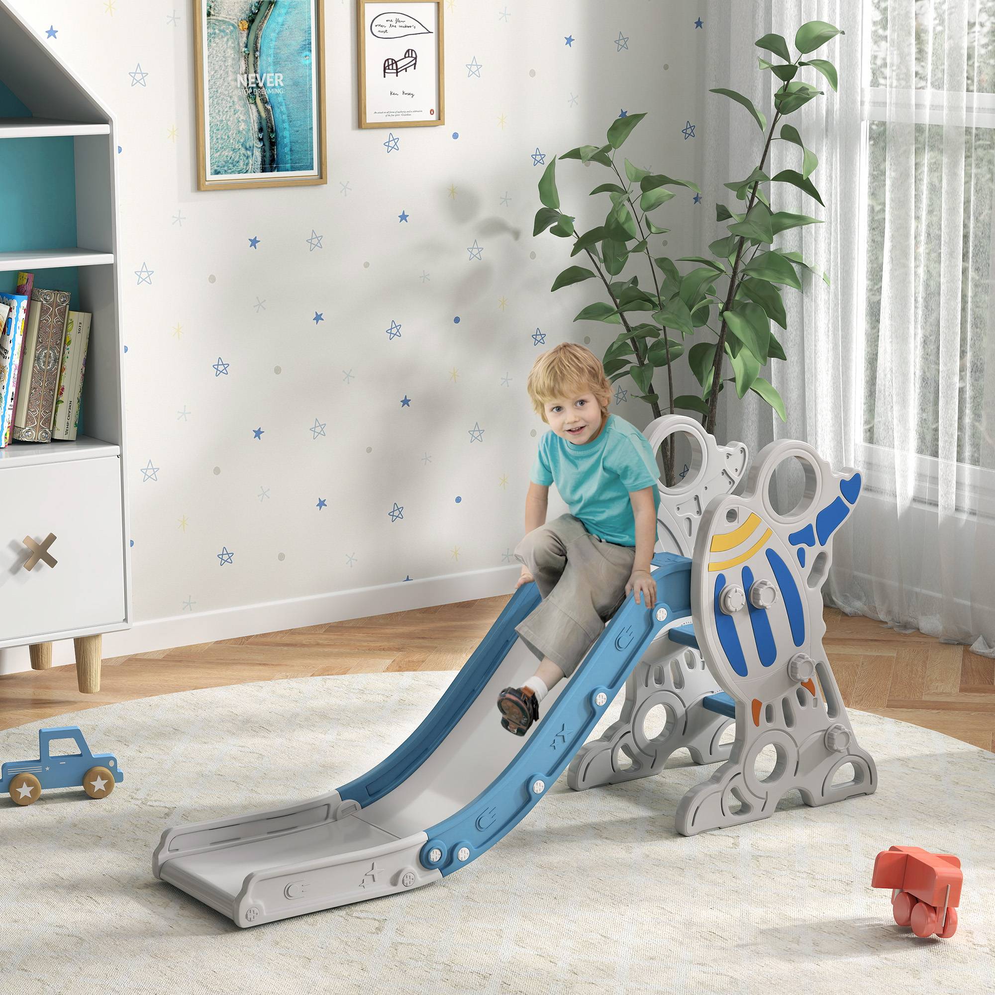 Toboggan sur le thème de l'espace pour enfants de 18 à 36 mois, en PE et PP, avec échelles antidérapantes, 157 x 46,5 x 80 cm - Image 3