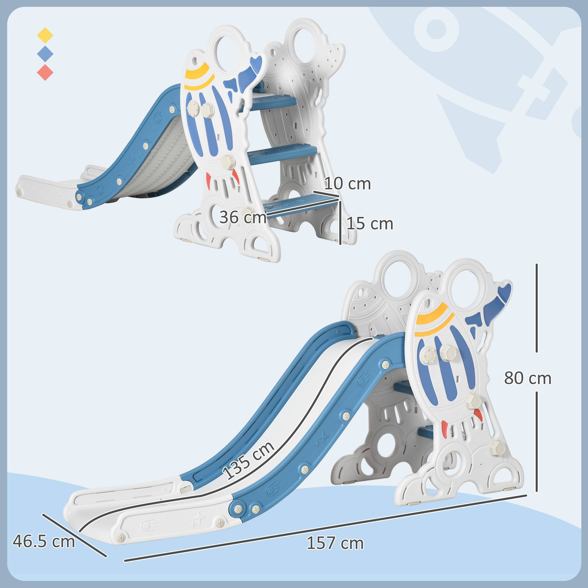 Toboggan sur le thème de l'espace pour enfants de 18 à 36 mois, en PE et PP, avec échelles antidérapantes, 157 x 46,5 x 80 cm - Image 5