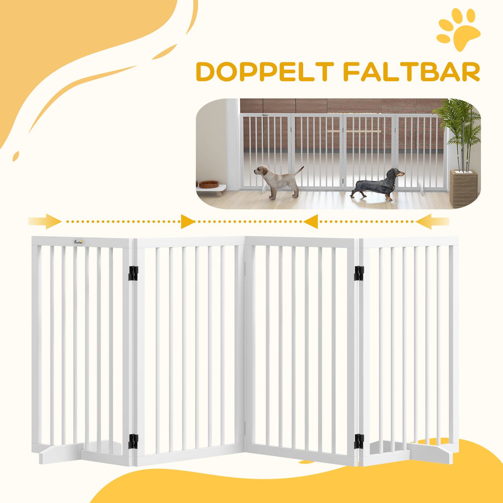 Barrière pour chien, pliable, antidérapante, pieds de support, cadre bois, 206x35,5x76 cm, blanc - Image 7