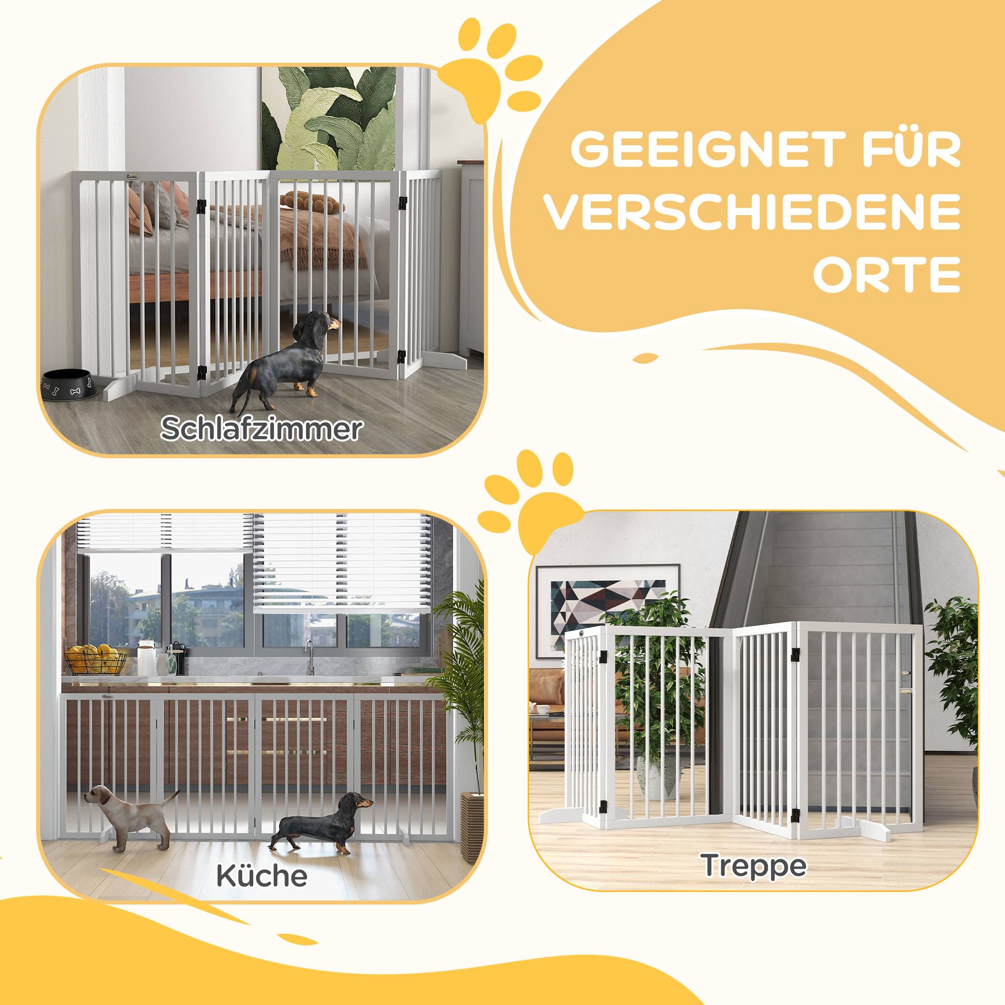 Barrière pour chien, pliable, antidérapante, pieds de support, cadre bois, 206x35,5x76 cm, blanc - Image 6