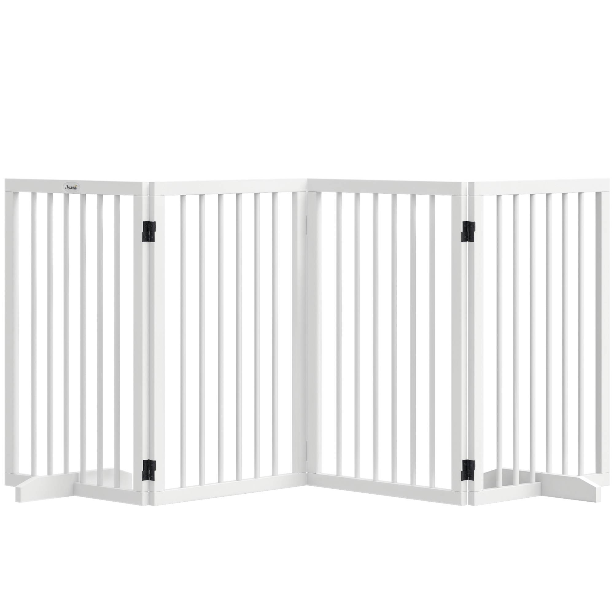 Barrière pour chien, pliable, antidérapante, pieds de support, cadre bois, 206x35,5x76 cm, blanc - Image 1