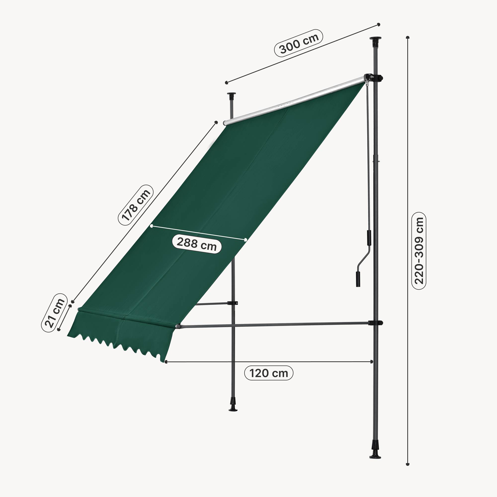 Pro.Tec - Store Banne Téléscopique Acier Polyester 300 x 120 x 220-309 cm Vert Foncé [pro.tec] - Image 3