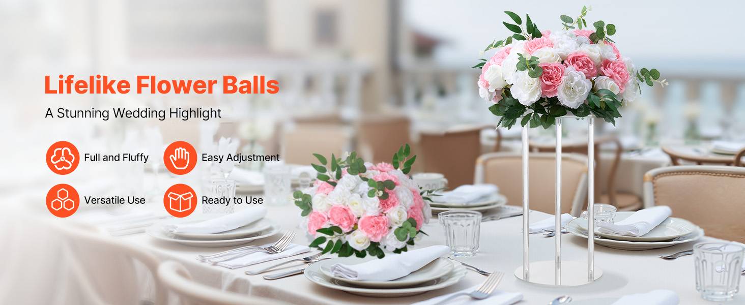 VEVOR Boule Fleur Artificielle Mariage 10 PCS Diamètre Max 45 cm Rose Rose Blanc - Image 9