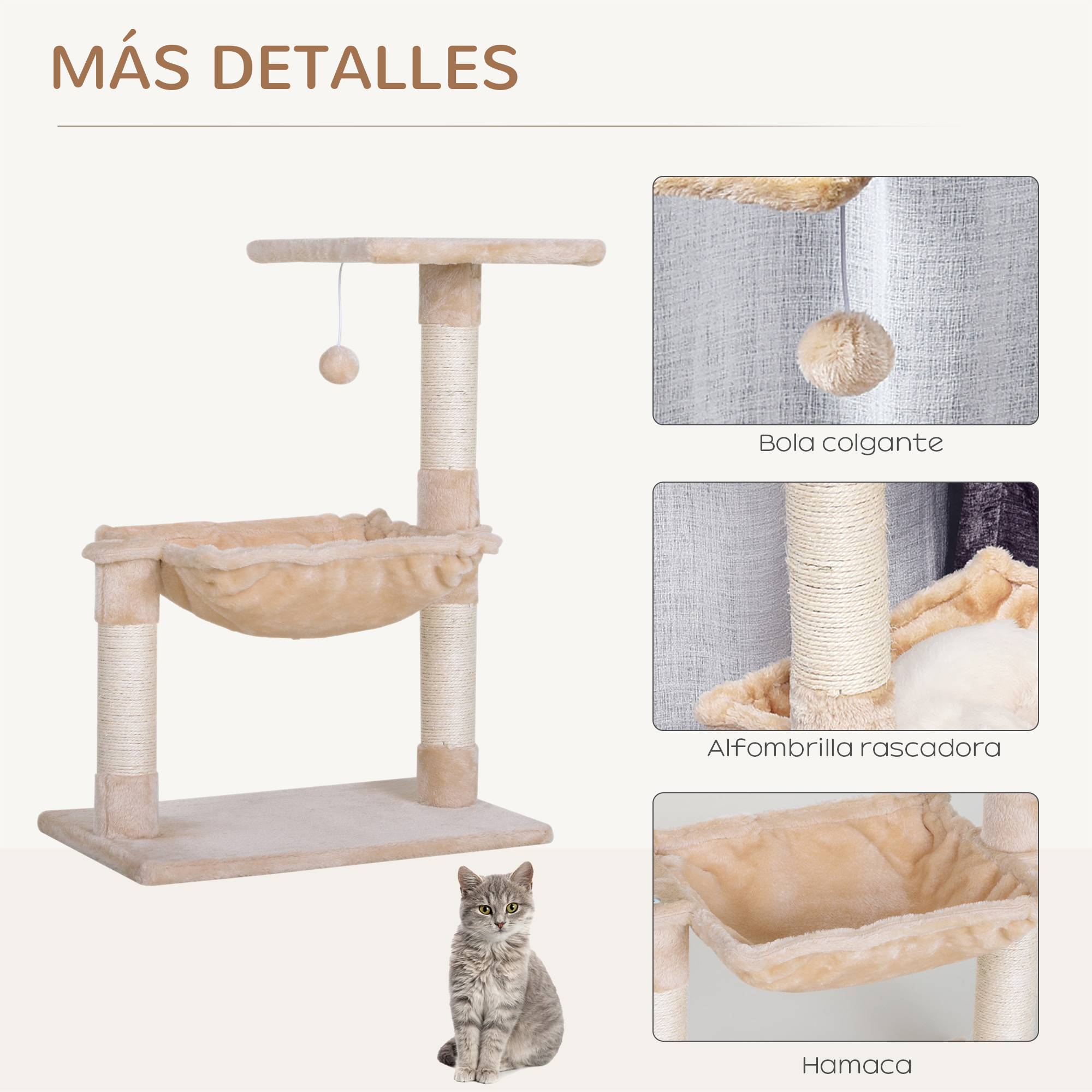 Arbre à chat avec griffoir, plateforme et hamac, poteaux en sisal, 50 x 36 x 70 cm, beige - Image 7