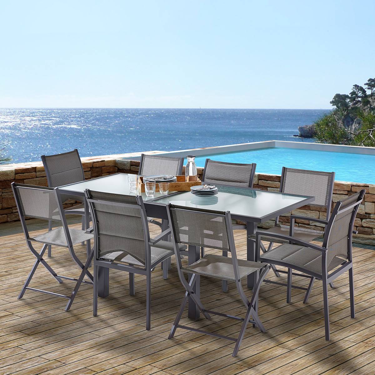 Wilsa Garden - Table Modulo 4/8 personnes structure grise en aluminium, plateau en verre semi-transparent - Image 5