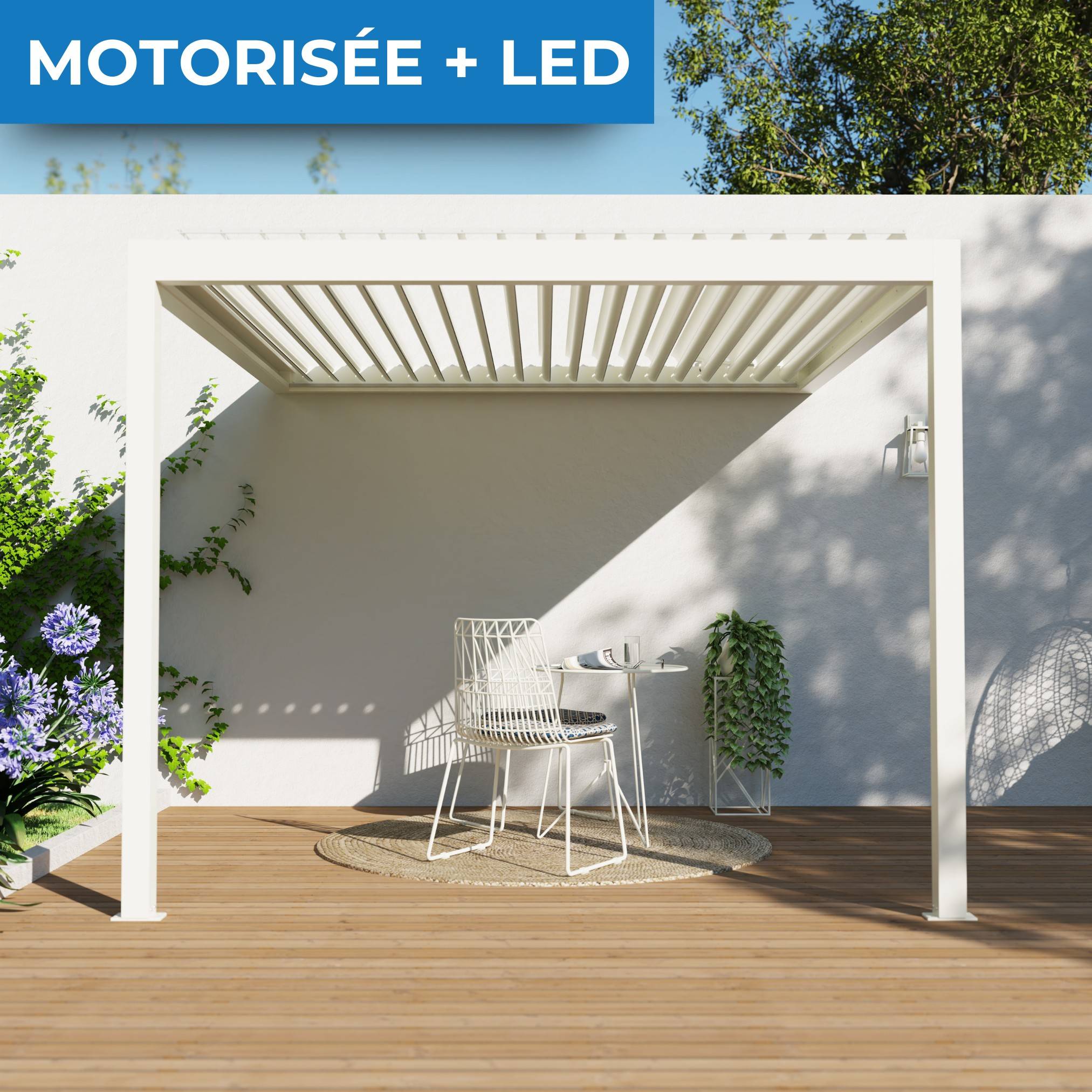 Pergola Bioclimatique Adossée Motorisée Éclairée Aluminium 3x3 Blanc SV ORIAL France - Image 6