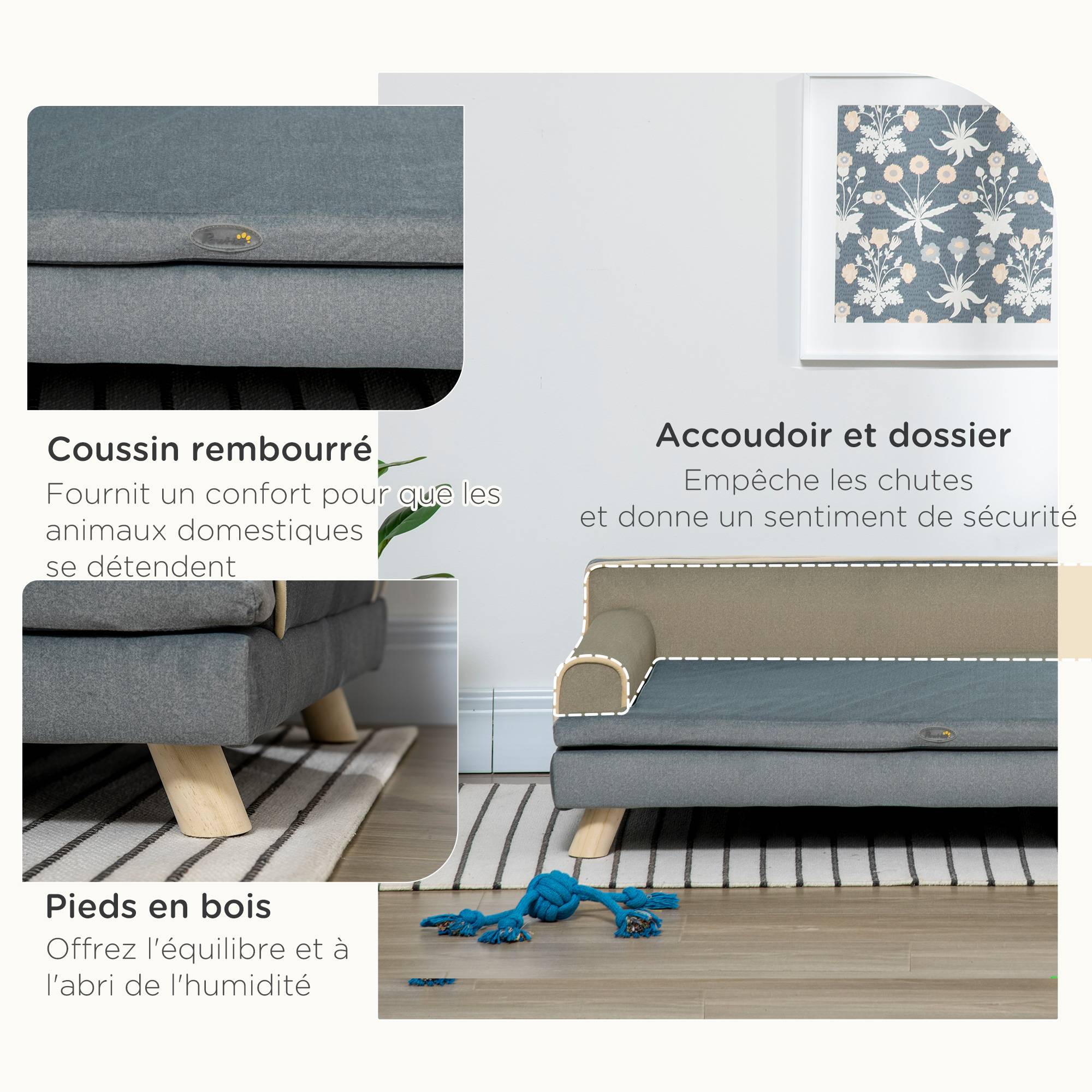 Canapé pour chien chat design scandinave coussin moelleux amovible pieds bois massif 100 x 62 x 32 cm gris - Image 8