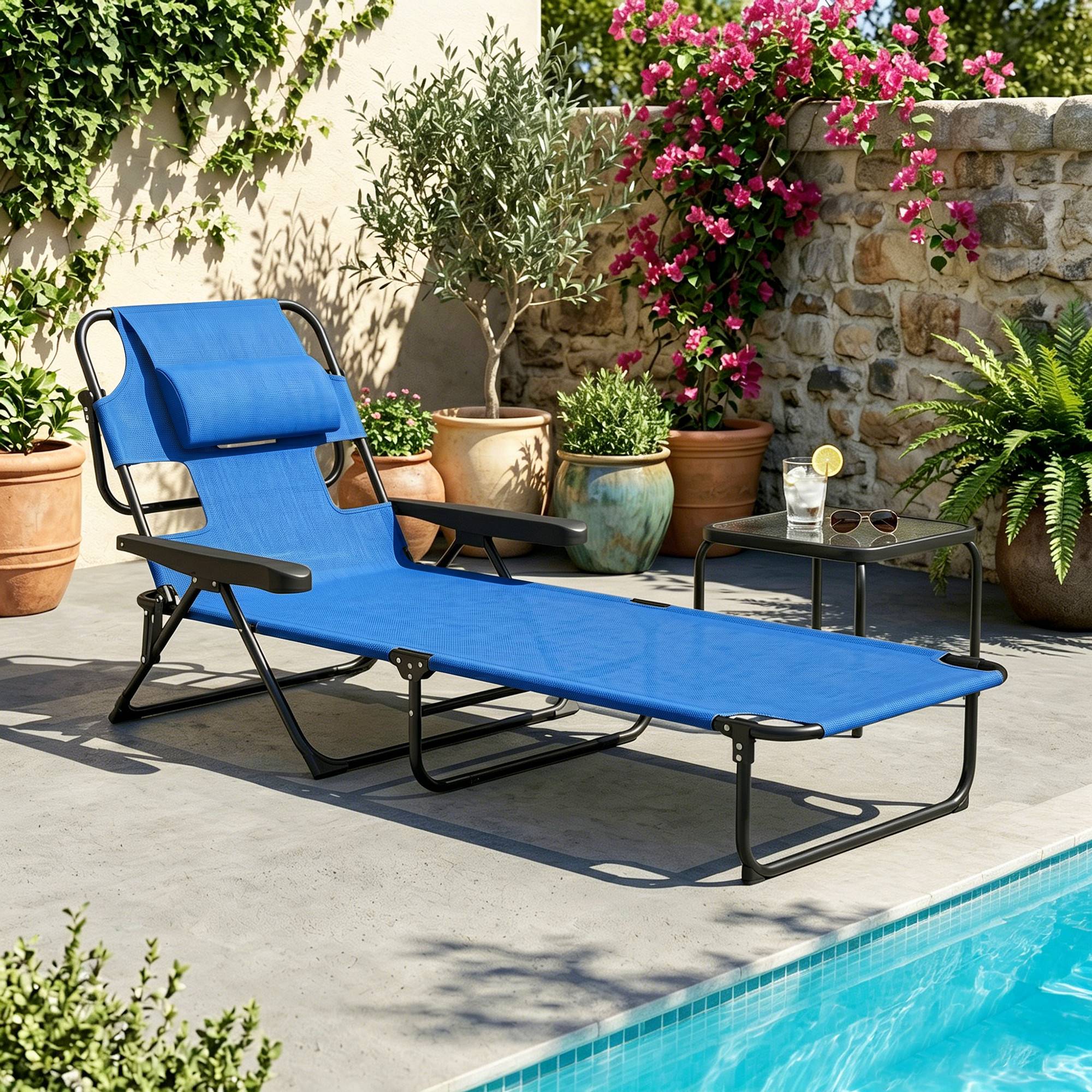 Bain de soleil de jardin acier pour extérieur pliant lit de camp avec trou facial bleu - ComfortXL Outdoor Living - Image 4