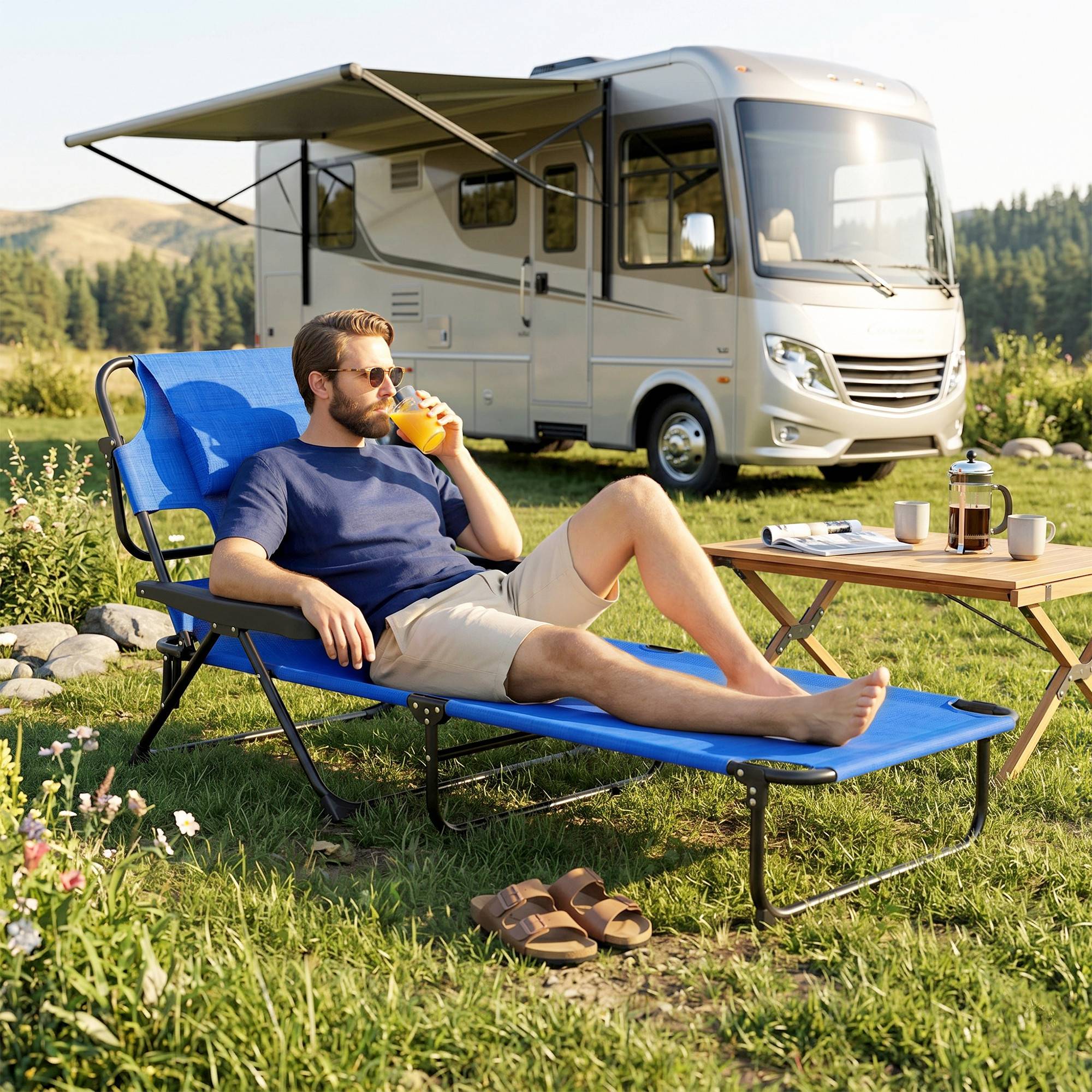 Bain de soleil de jardin acier pour extérieur pliant lit de camp avec trou facial bleu - ComfortXL Outdoor Living - Image 10