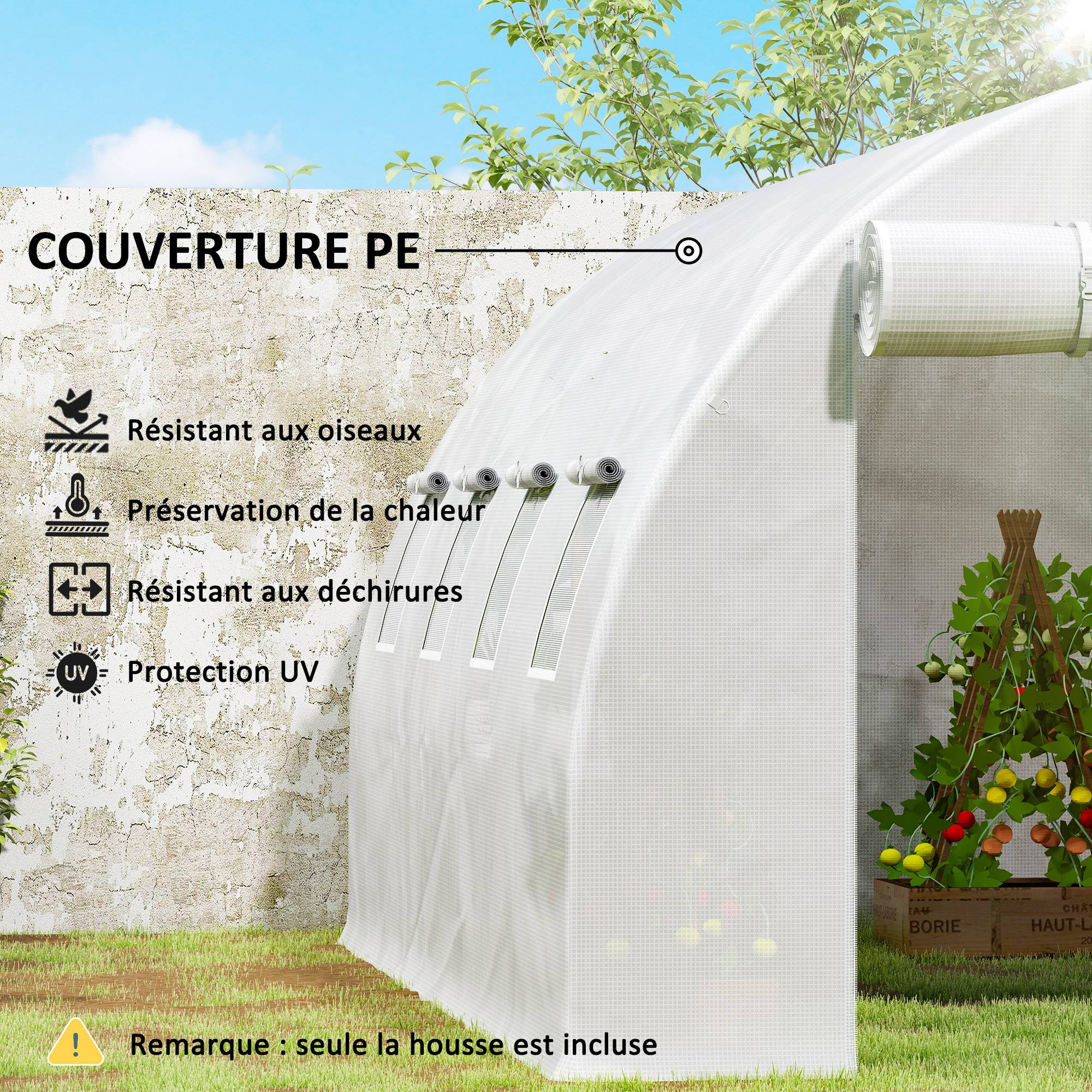 Sans Marque - Bâche rechange serre tunnel 12 m² 4x3x2 m PE imperméable UV 8 fenêtres porte zippée serre blanche - Image 8