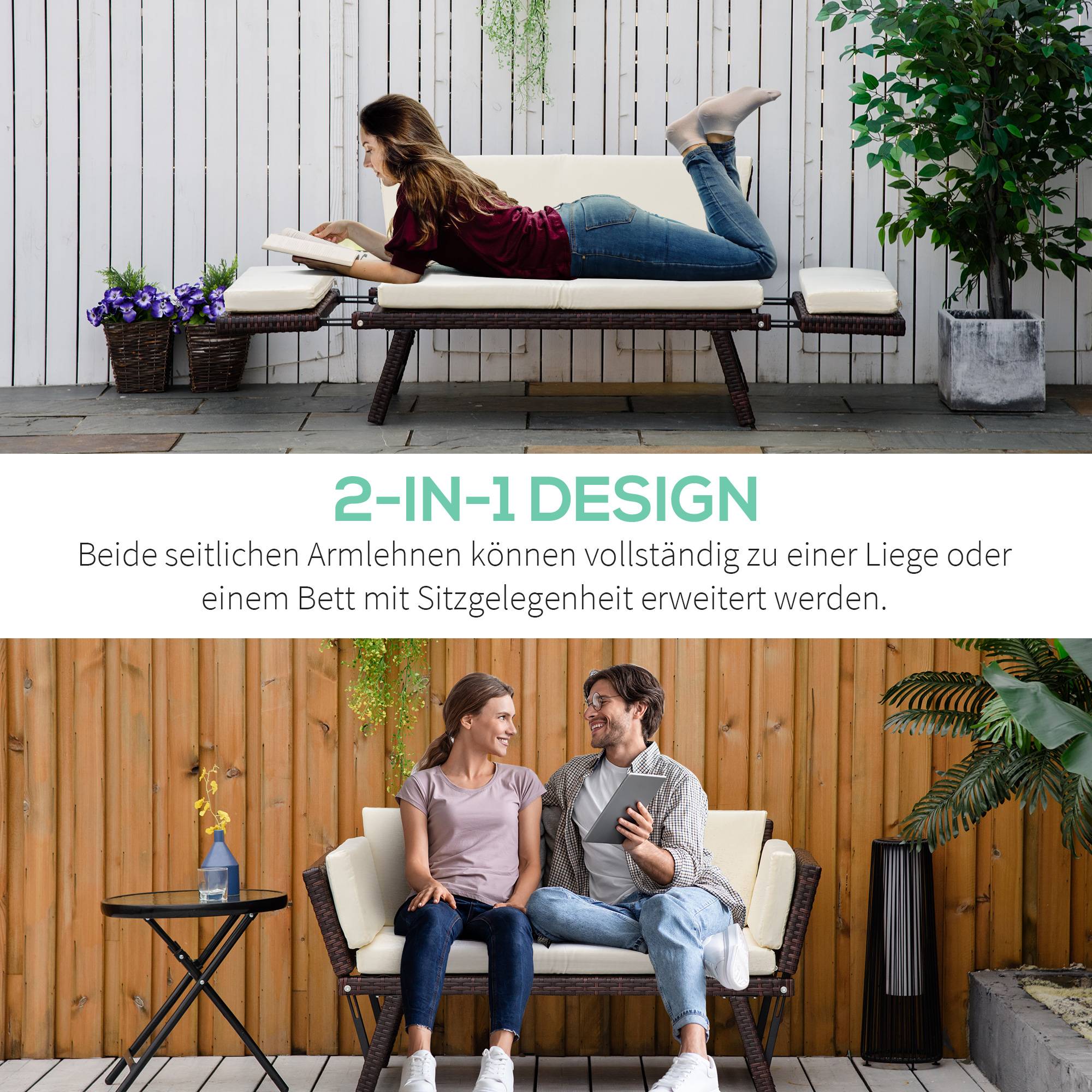 ComfortXL - Canapé de jardin 2 places résine tressée terrasse balcon accoudoirs rabattables marron 129cm - ComfortXL Outdoor Living - Image 4