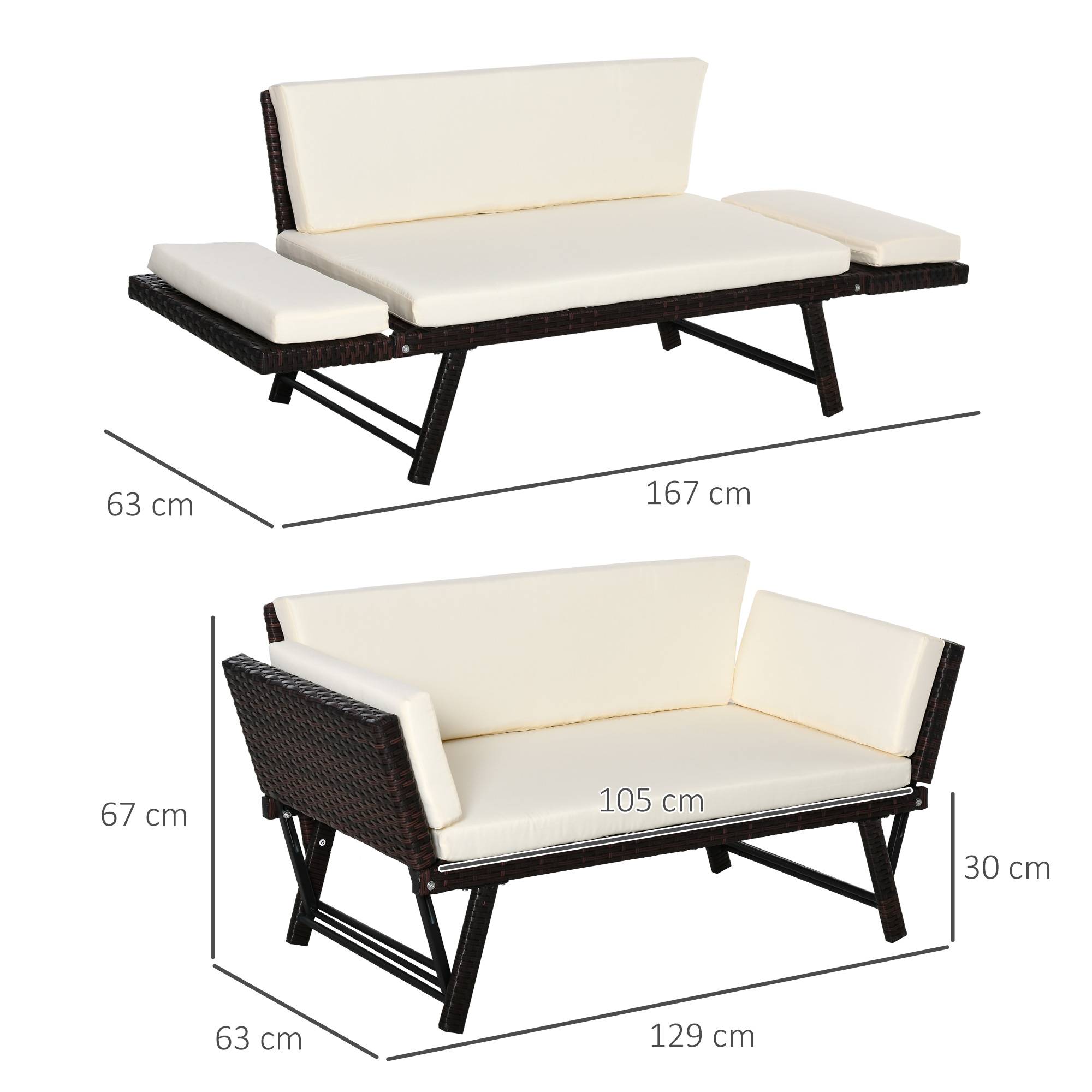 ComfortXL - Canapé de jardin 2 places résine tressée terrasse balcon accoudoirs rabattables marron 129cm - ComfortXL Outdoor Living - Image 3