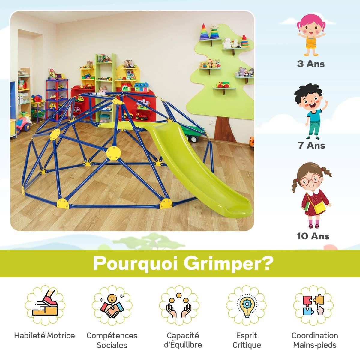 Toboggan avec Dôme d'Escalade pour Enfants 3-10 Ans Cage d'Escalade Charge max.: 180 KG Jeu Extérieure et Intérieure Jaune - Image 7