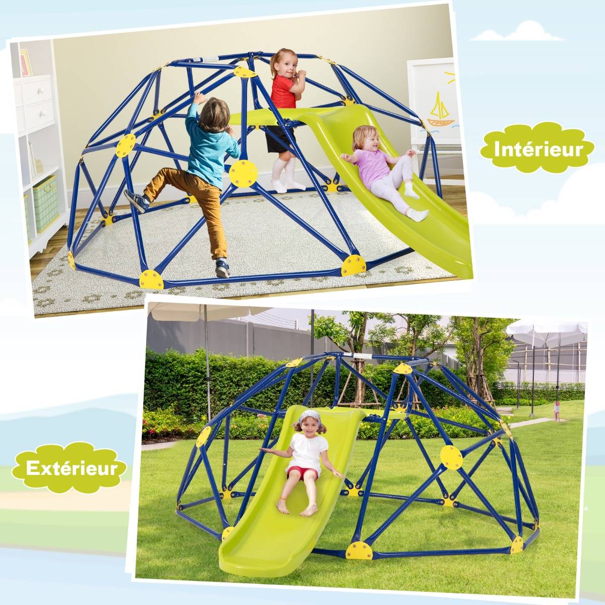 Toboggan avec Dôme d'Escalade pour Enfants 3-10 Ans Cage d'Escalade Charge max.: 180 KG Jeu Extérieure et Intérieure Jaune - Image 2