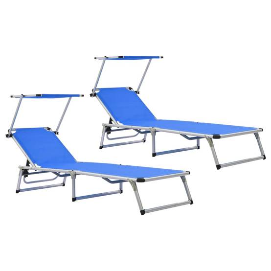 Helloshop26 - Lot de deux chaises longues pliables et toit aluminium textilène bleu - Image 1