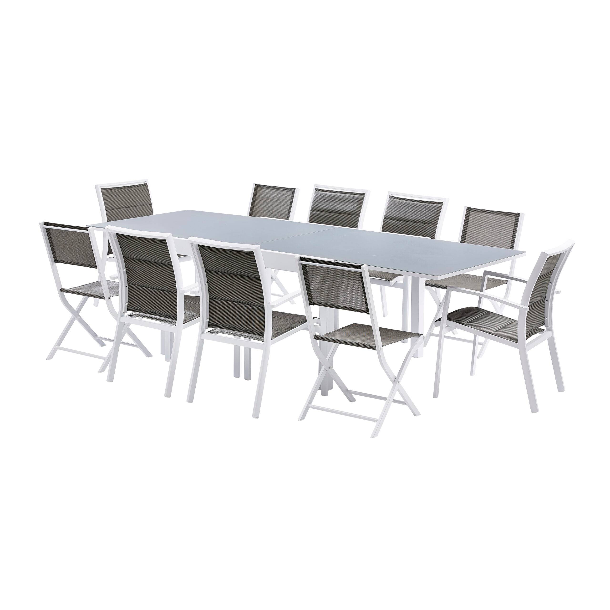 Wilsa Garden - Ensemble MODULO 6/10p en aluminium blanc et verre trempé gris perle avec 6 fauteuils et 4 chaises pliantes - Image 1
