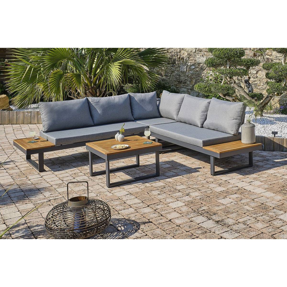 Dcb Garden - Salon bas de jardin - Aluminium - DCB GARDEN - 5 places - Gris anthracite et bois d'acacia - MIYAKO - Image 6