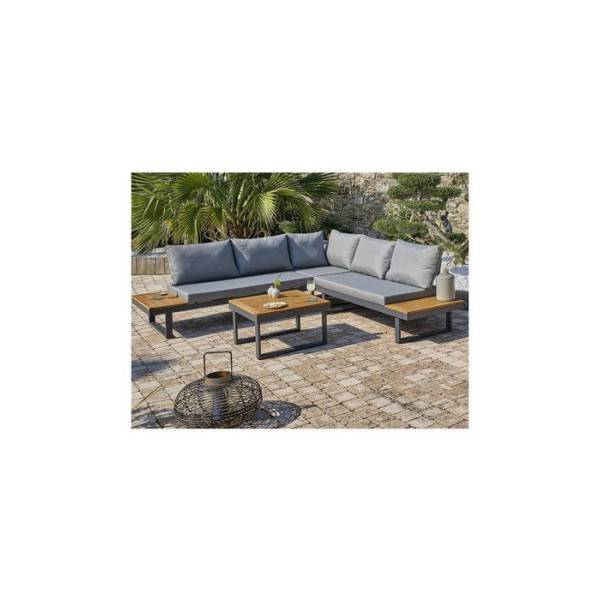 Dcb Garden - Salon bas de jardin - Aluminium - DCB GARDEN - 5 places - Gris anthracite et bois d'acacia - MIYAKO