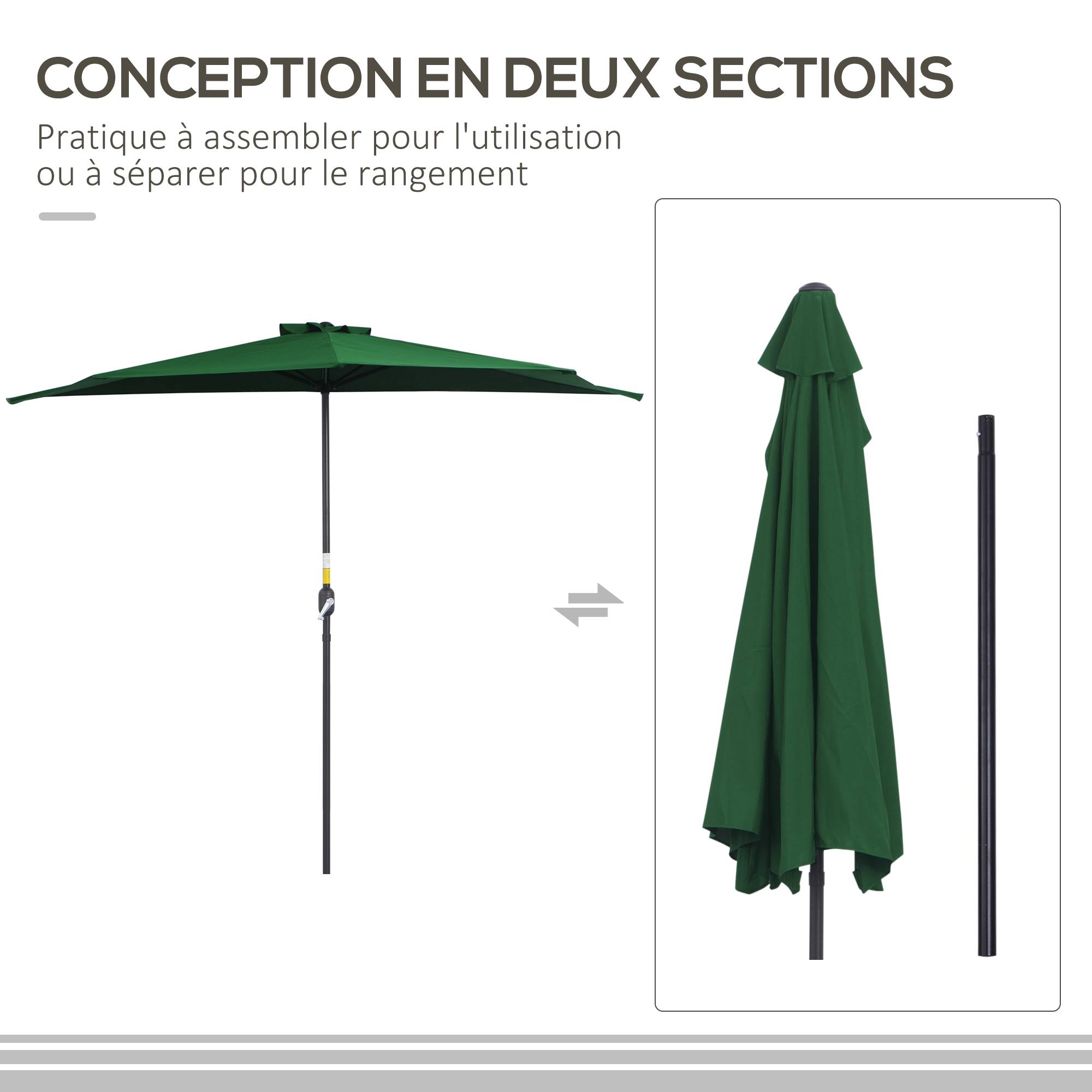 Demi parasol parasol de balcon 5 entretoises métal cheminée incluse 2,93 x 1,5 x 2,49 m polyester haute densité vert - Image 6