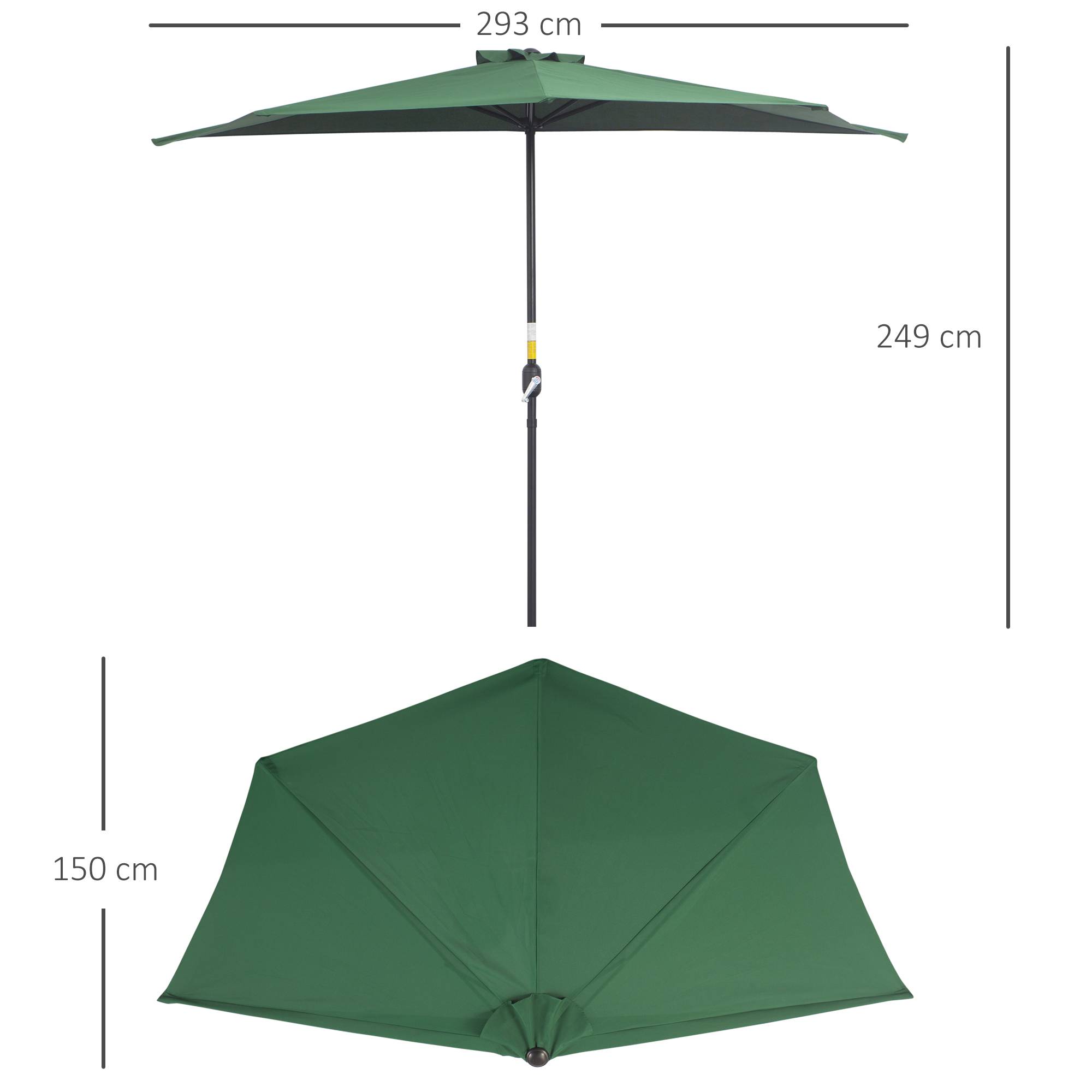 Demi parasol parasol de balcon 5 entretoises métal cheminée incluse 2,93 x 1,5 x 2,49 m polyester haute densité vert - Image 5