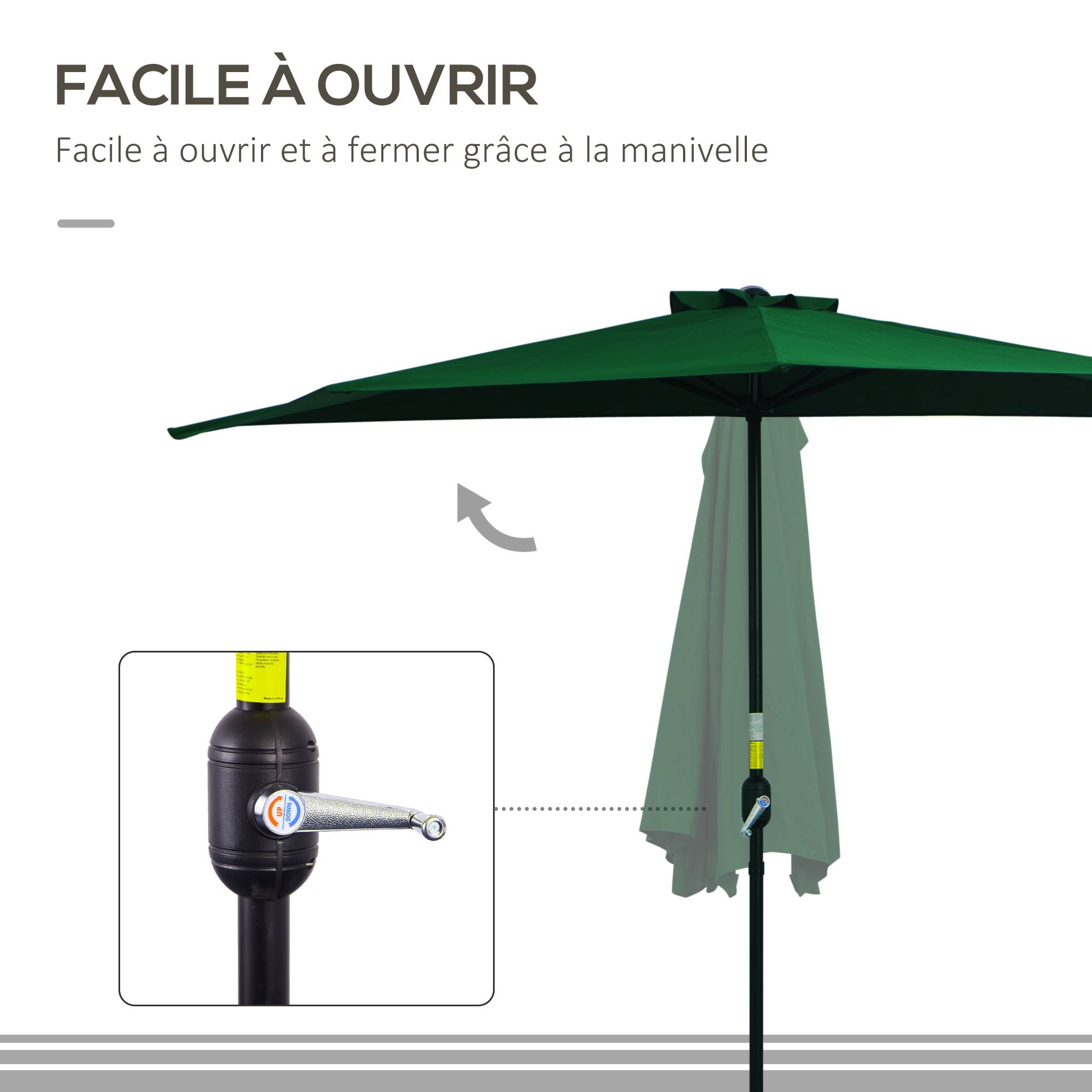 Demi parasol parasol de balcon 5 entretoises métal cheminée incluse 2,93 x 1,5 x 2,49 m polyester haute densité vert - Image 8