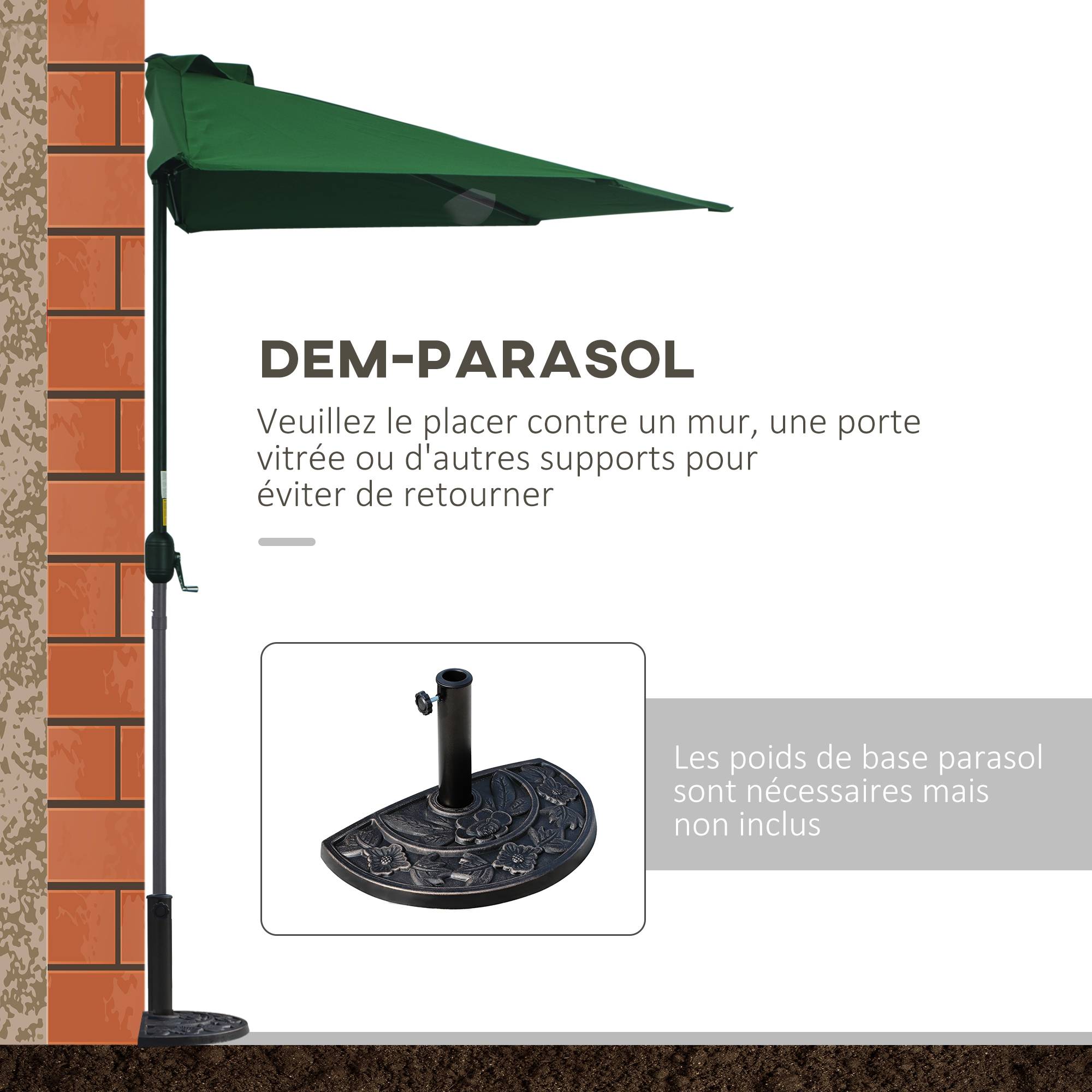 Demi parasol parasol de balcon 5 entretoises métal cheminée incluse 2,93 x 1,5 x 2,49 m polyester haute densité vert - Image 9